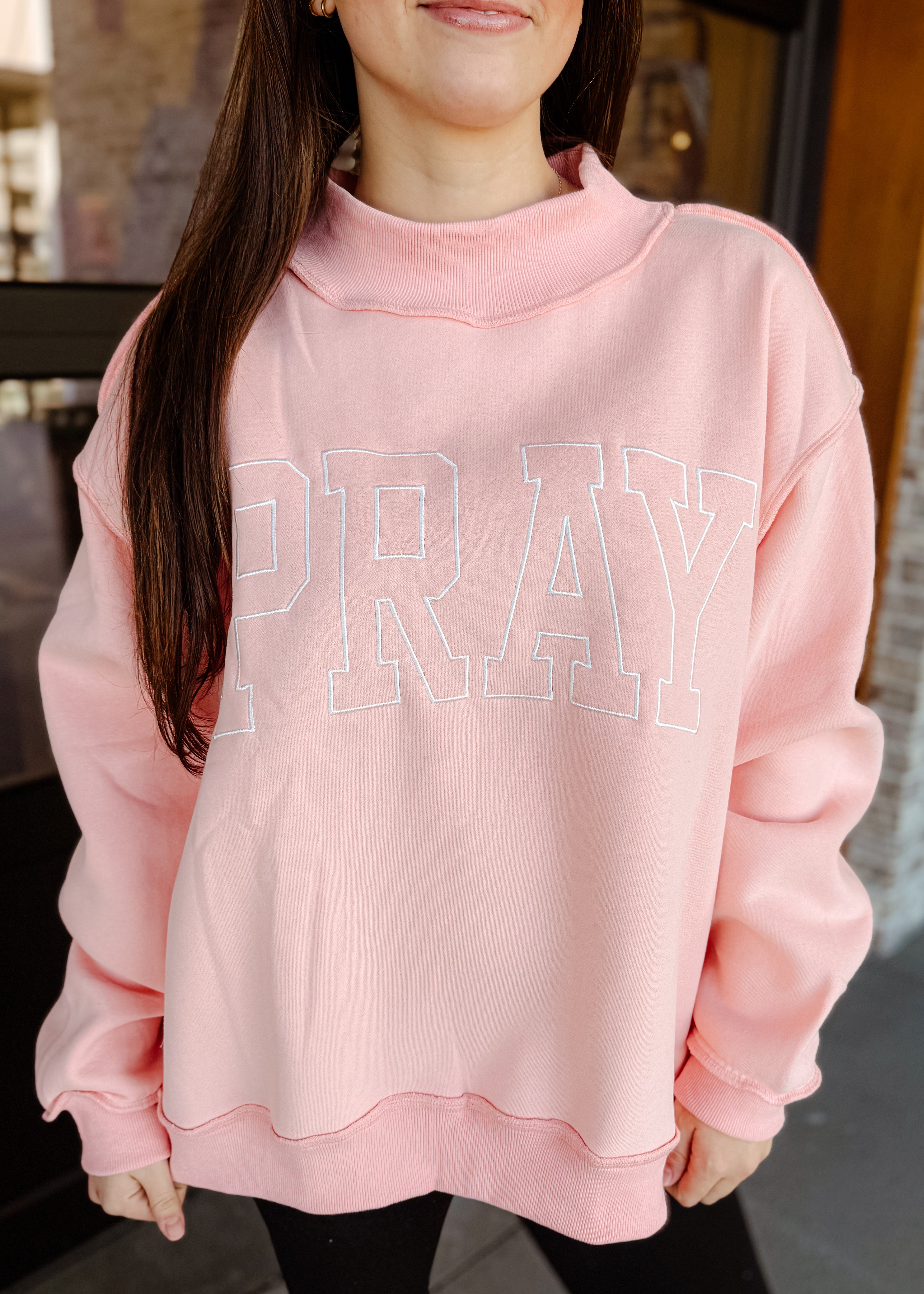 Pray Embroidered Mock Neck Sweatshirt