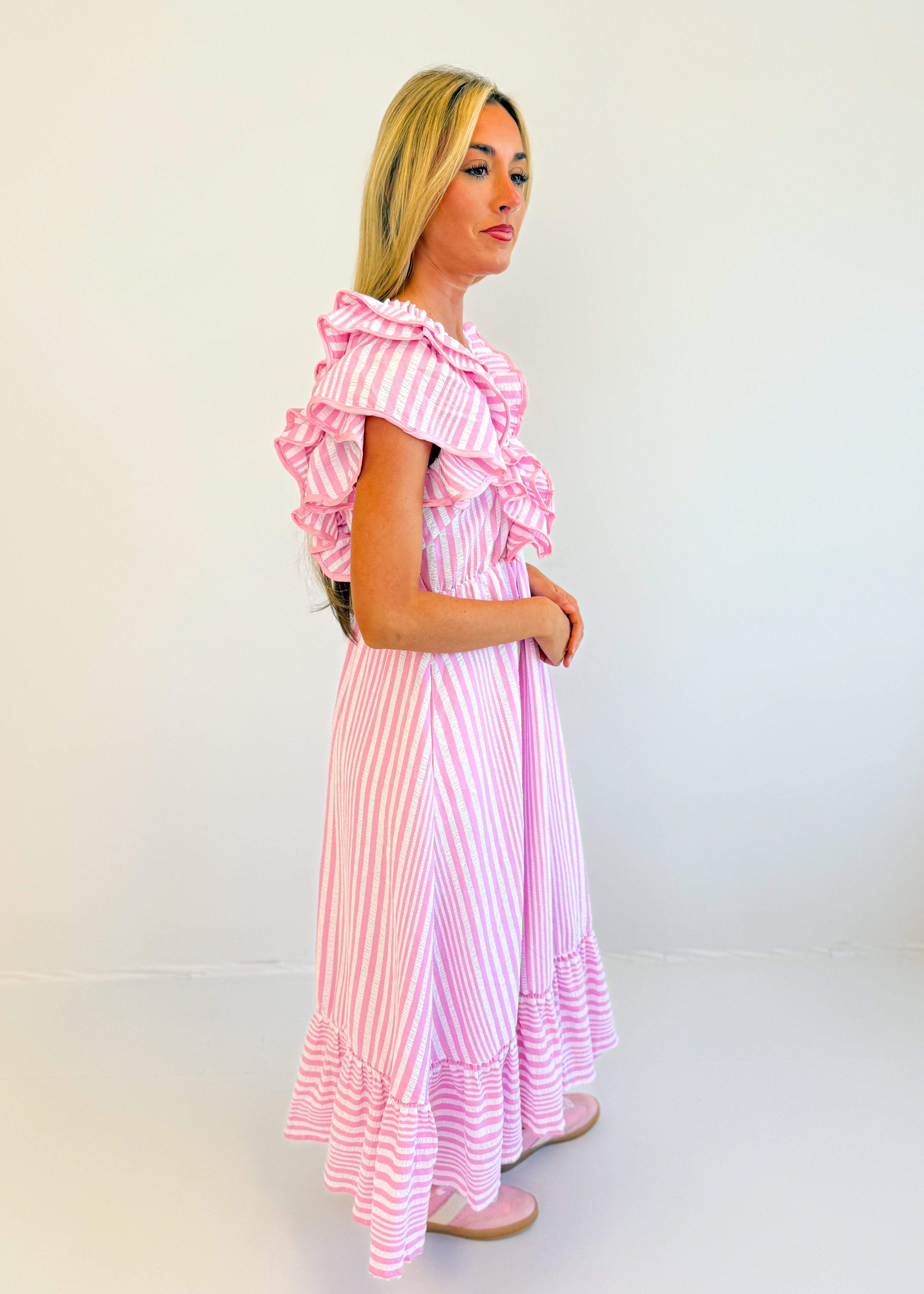 Selena Striped Ruffle Midi Dress