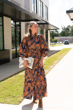 Kate Floral Belted Maxi Dress in Dark Navy/Rust
