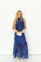 Evie High Neck Sheer Maxi Dress in Navy
