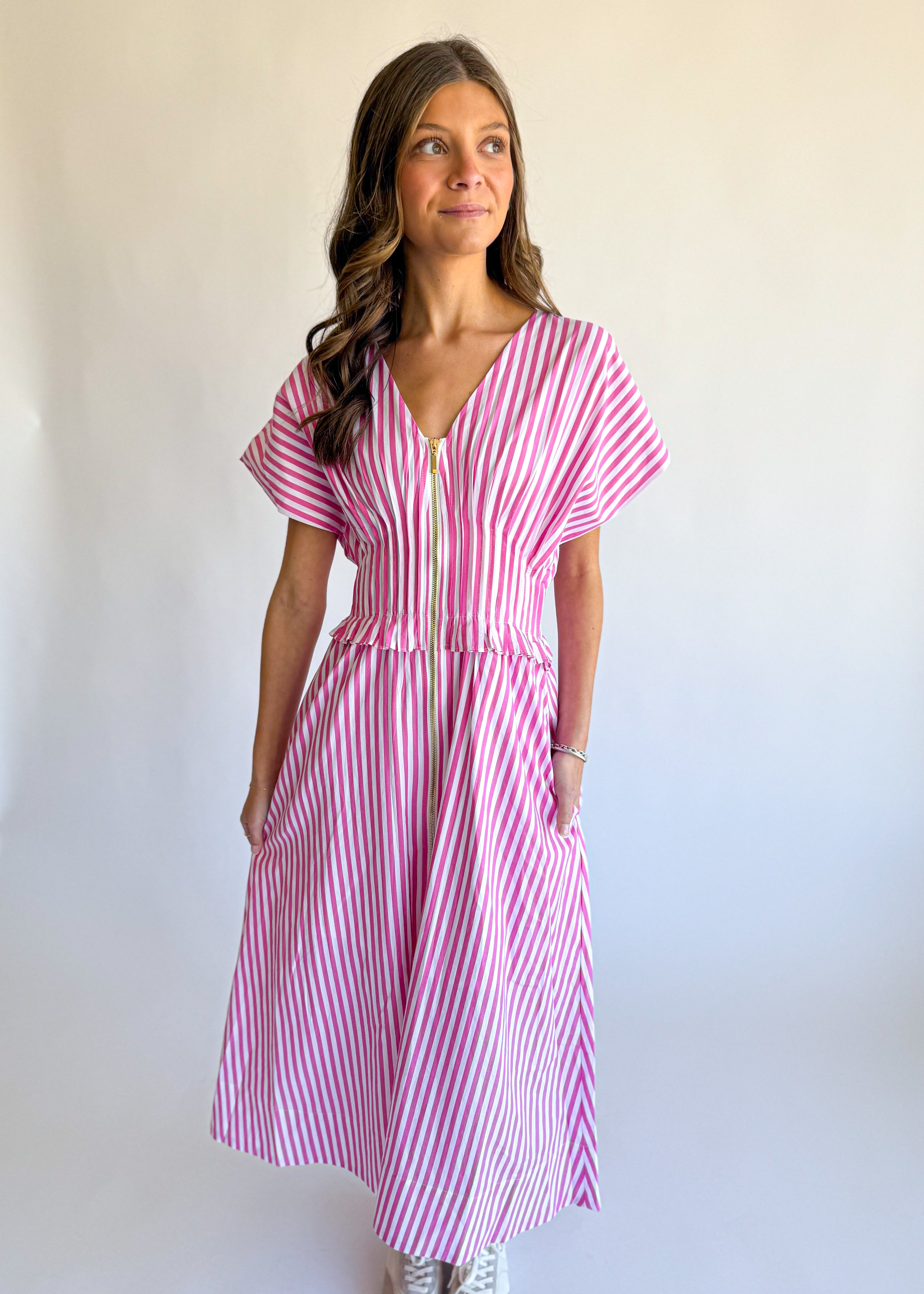 Stripe V Neck Midi Dress
