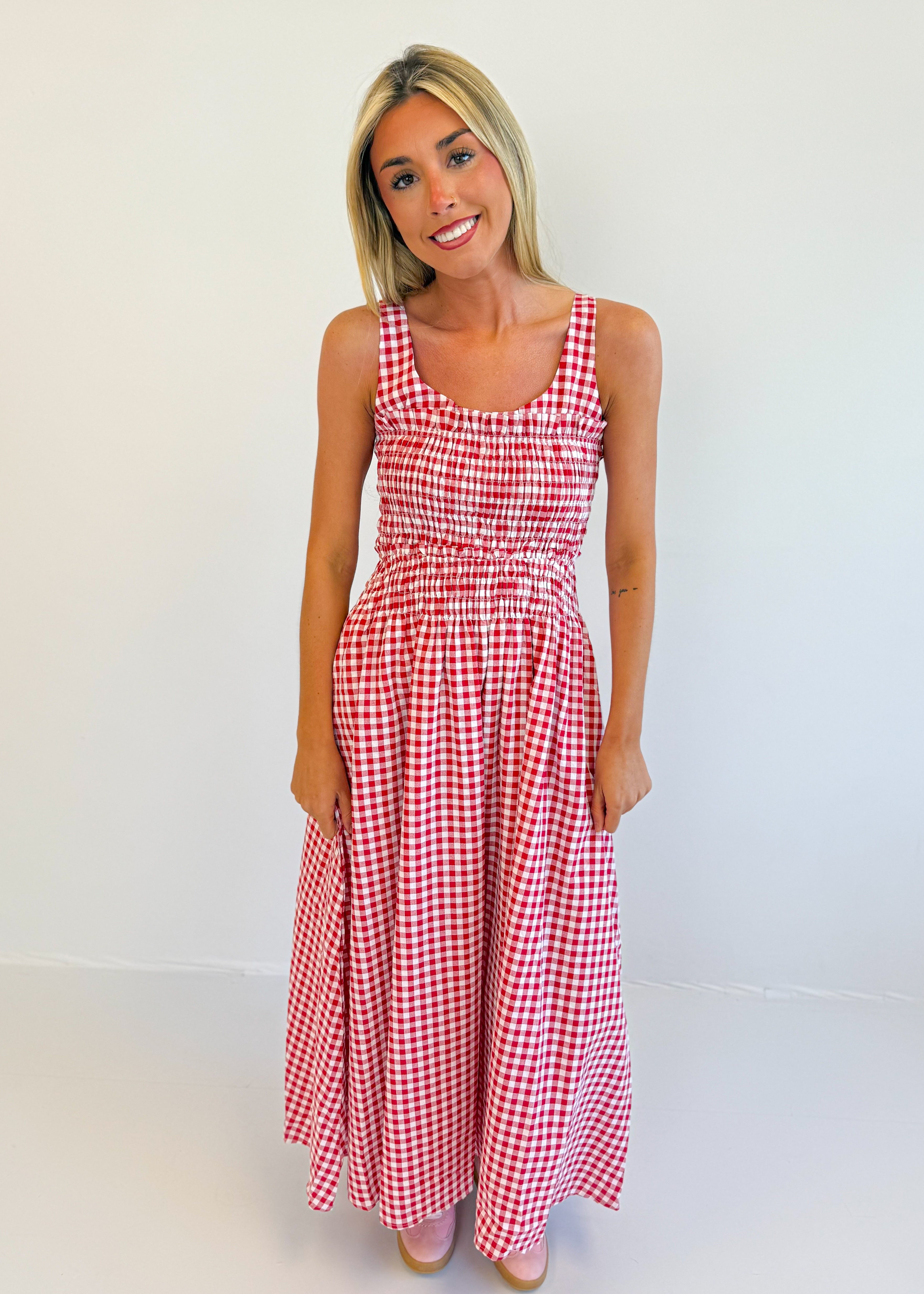 Ginger Gingham Smocked Midi Dress – The Swank Company Ginger Gingham Smocked Midi Dress – The Swank Company