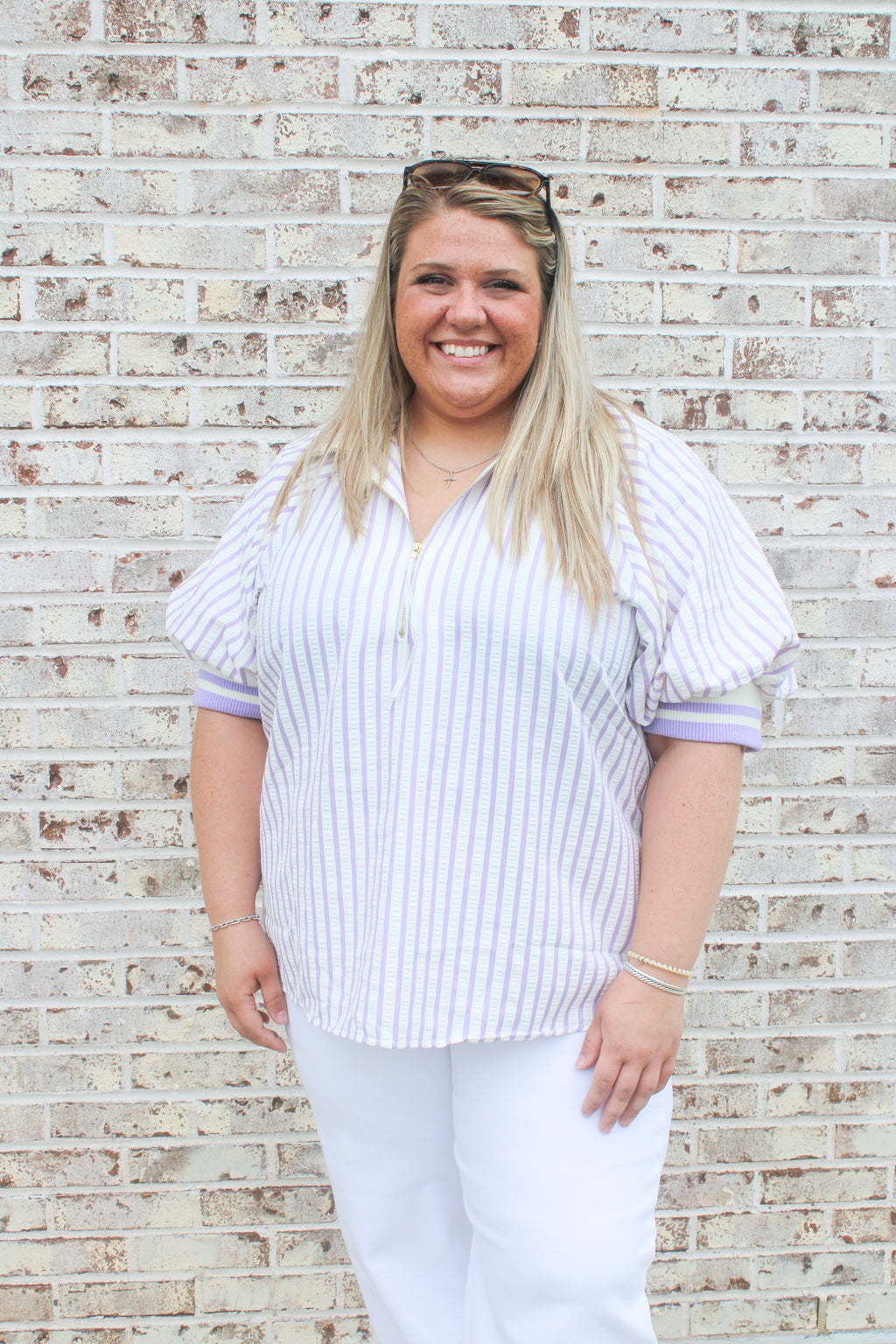 Seersucker High Collar Popover Blouse