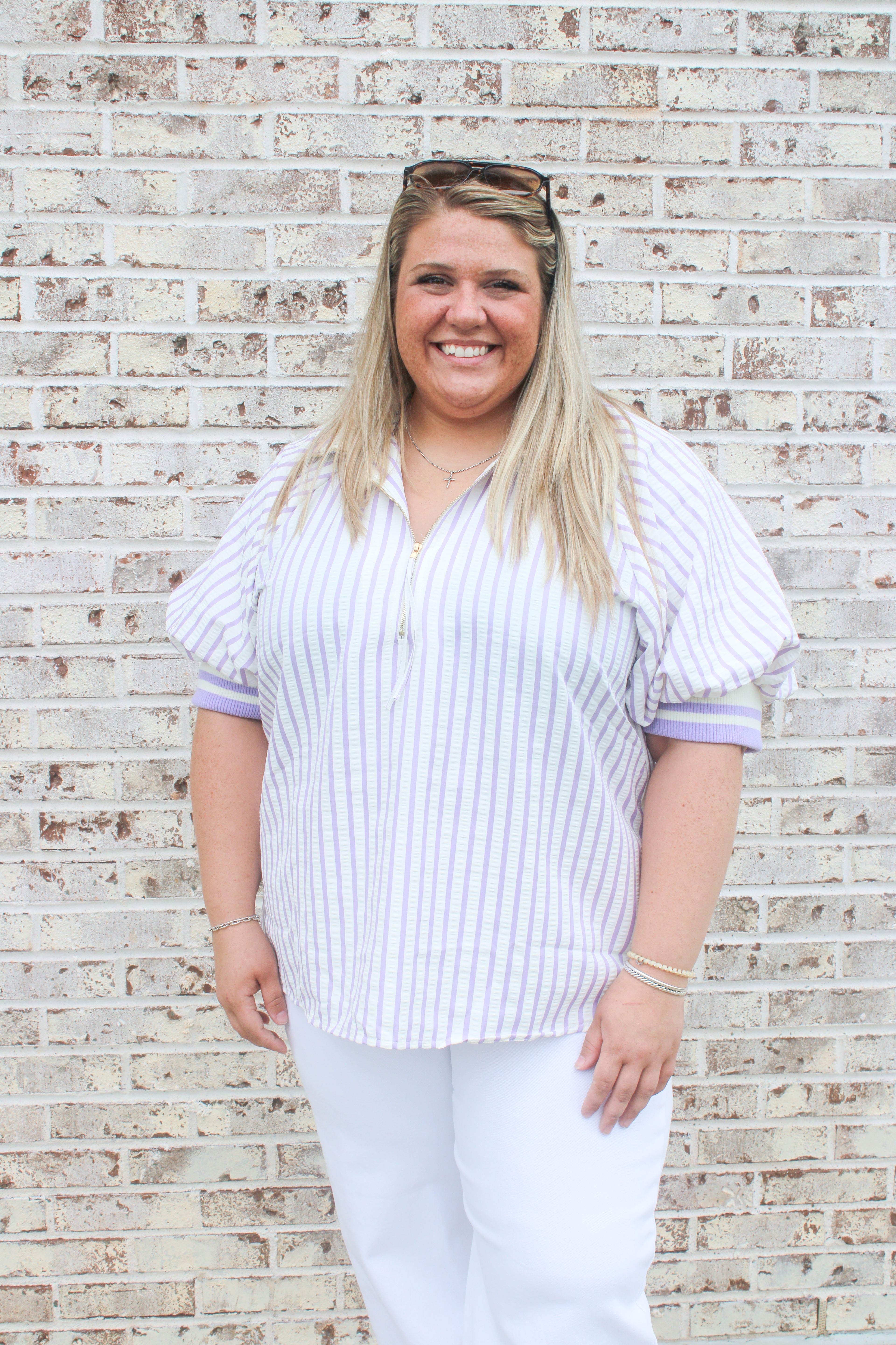 Seersucker High Collar Popover Blouse