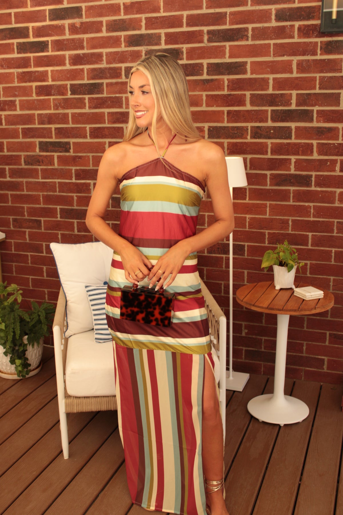 Sunset Stripe Halter Maxi Dress