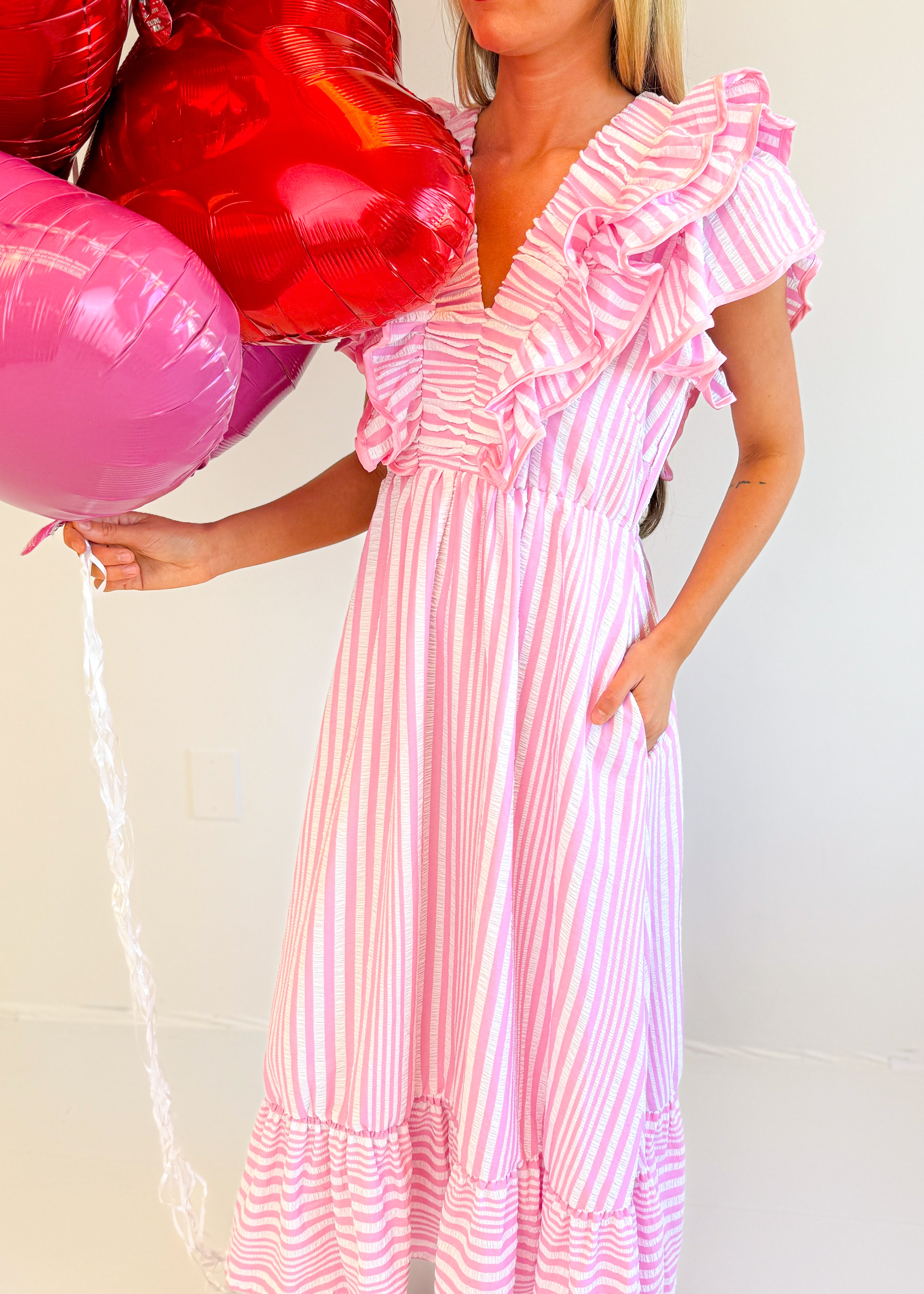 Selena Striped Ruffle Midi Dress