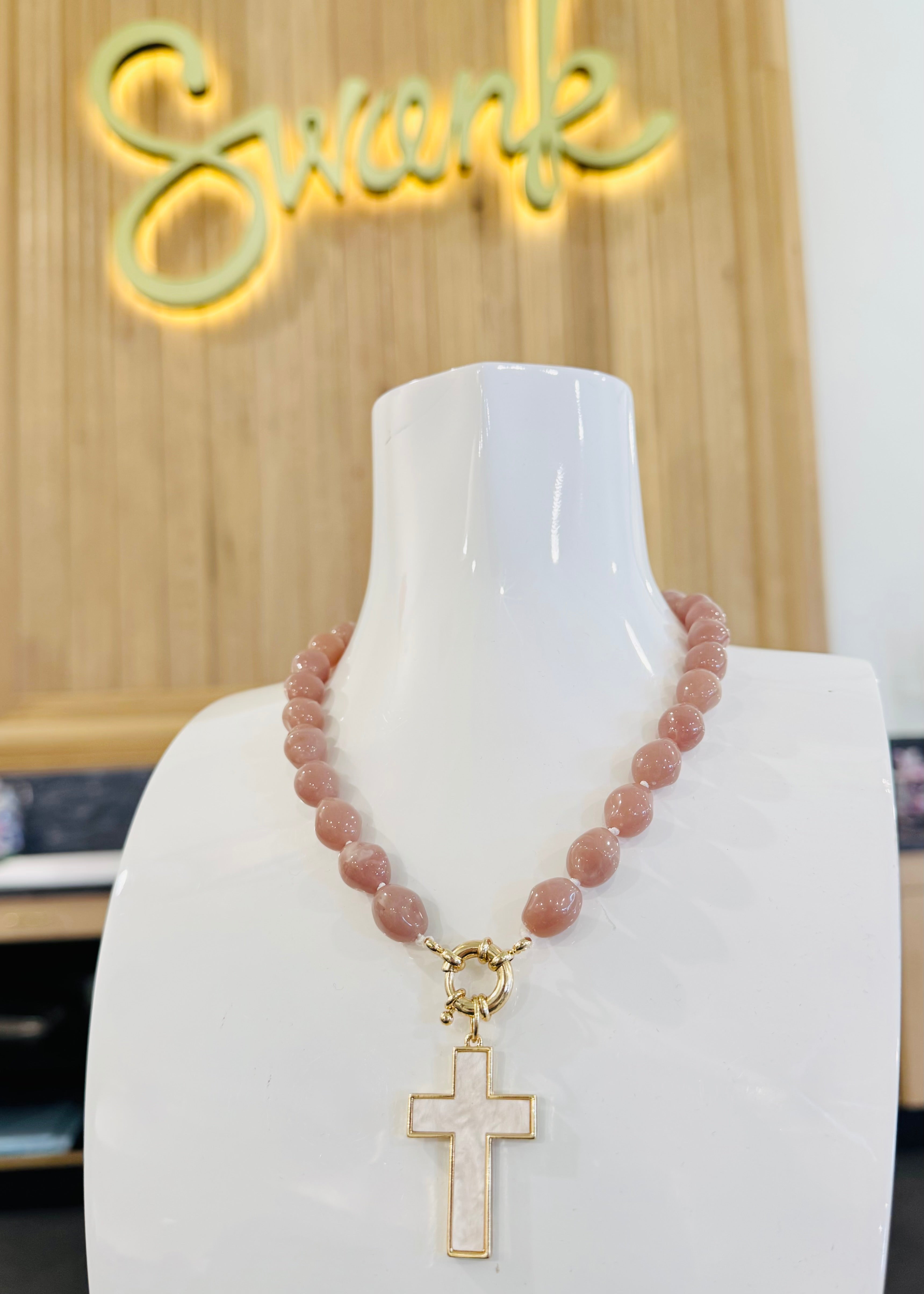 Cross Pendant Stone Bead Necklace