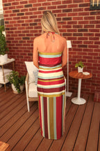 Sunset Stripe Halter Maxi Dress