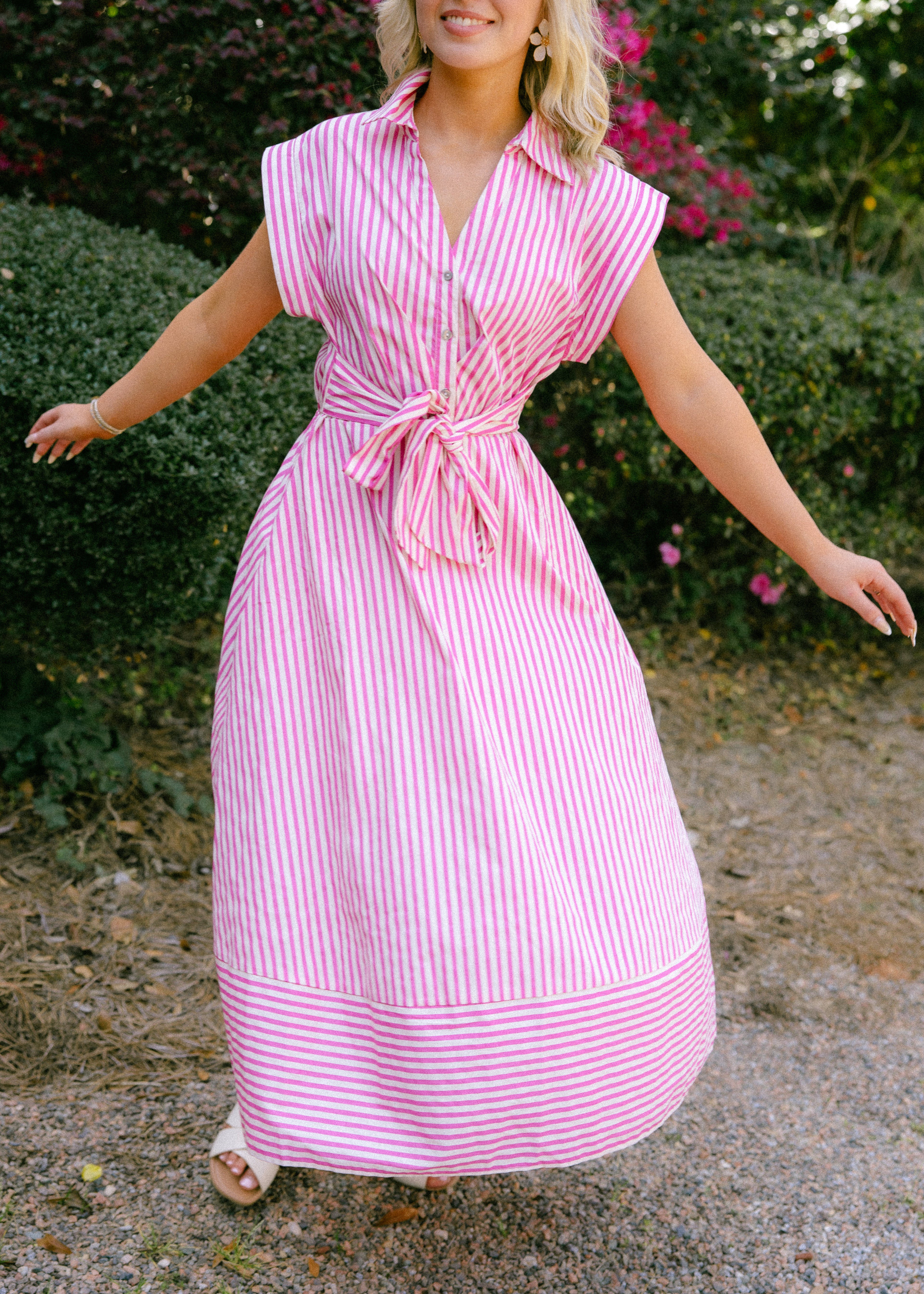 Sleeveless Stripe Tie Waist Midi Dress