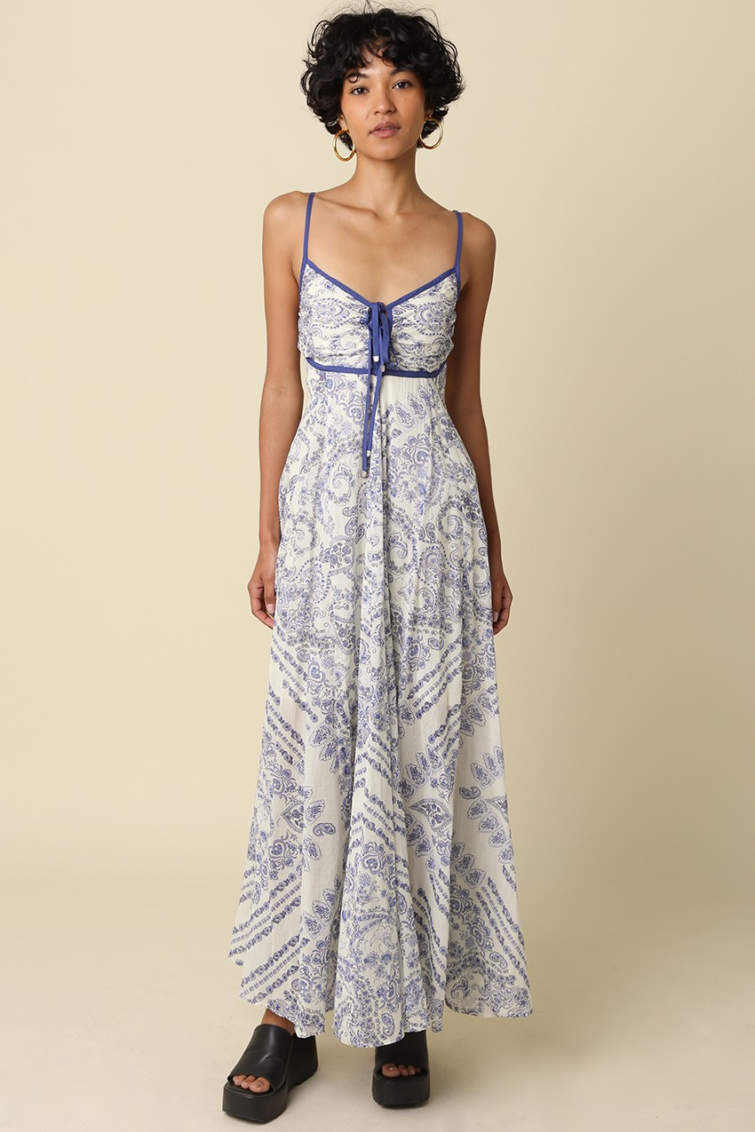 Brynn Blue Trim Printed Maxi Dress