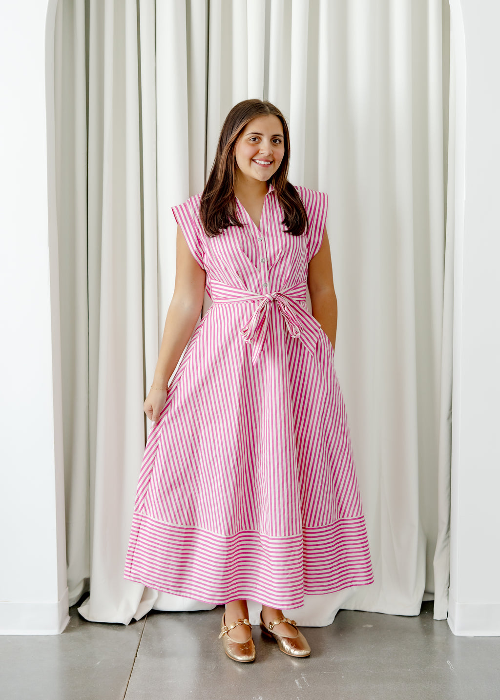 Sleeveless Stripe Tie Waist Midi Dress