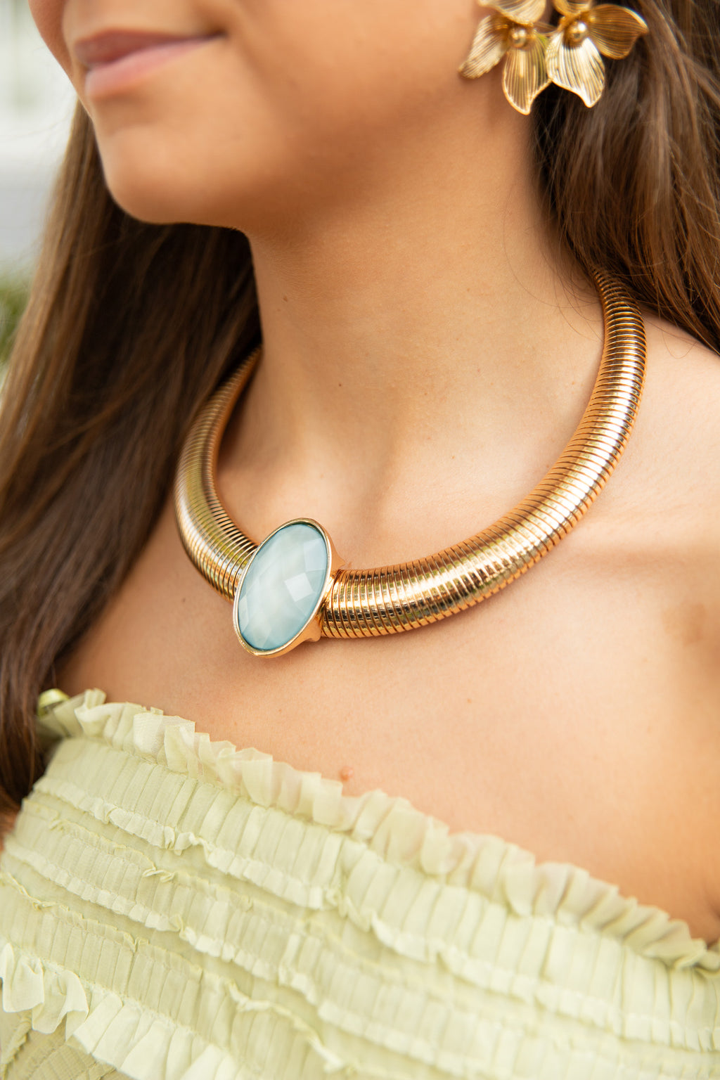 Oval Stone Omega Chain Statement Necklace Set