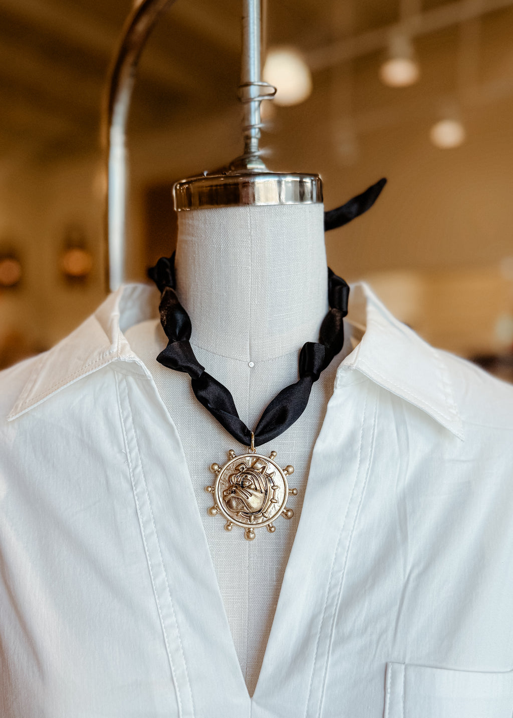 Bulldog Round Pendant Scarf Necklace