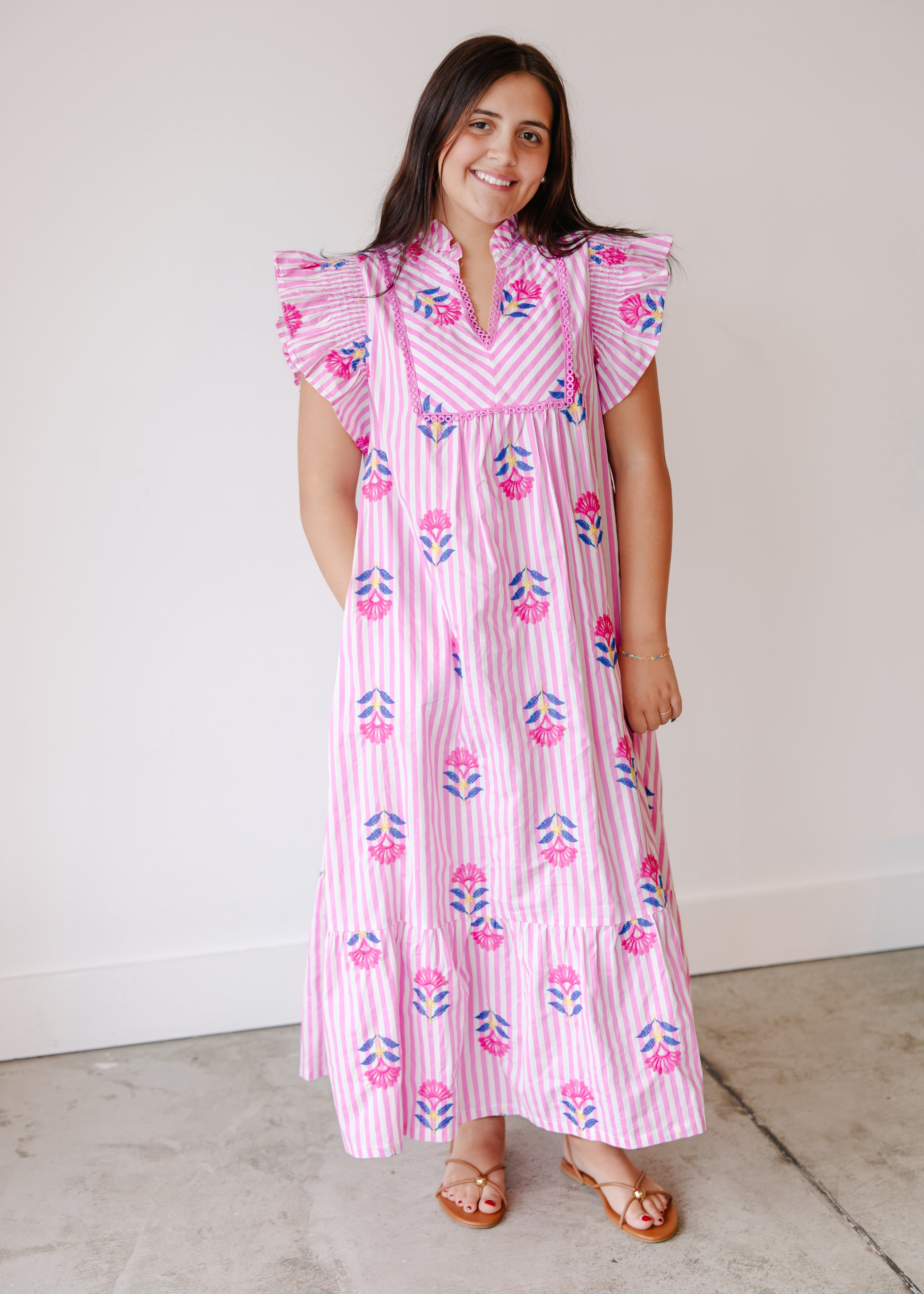 Clara Stripe Flutter Sleeve Midi Dress