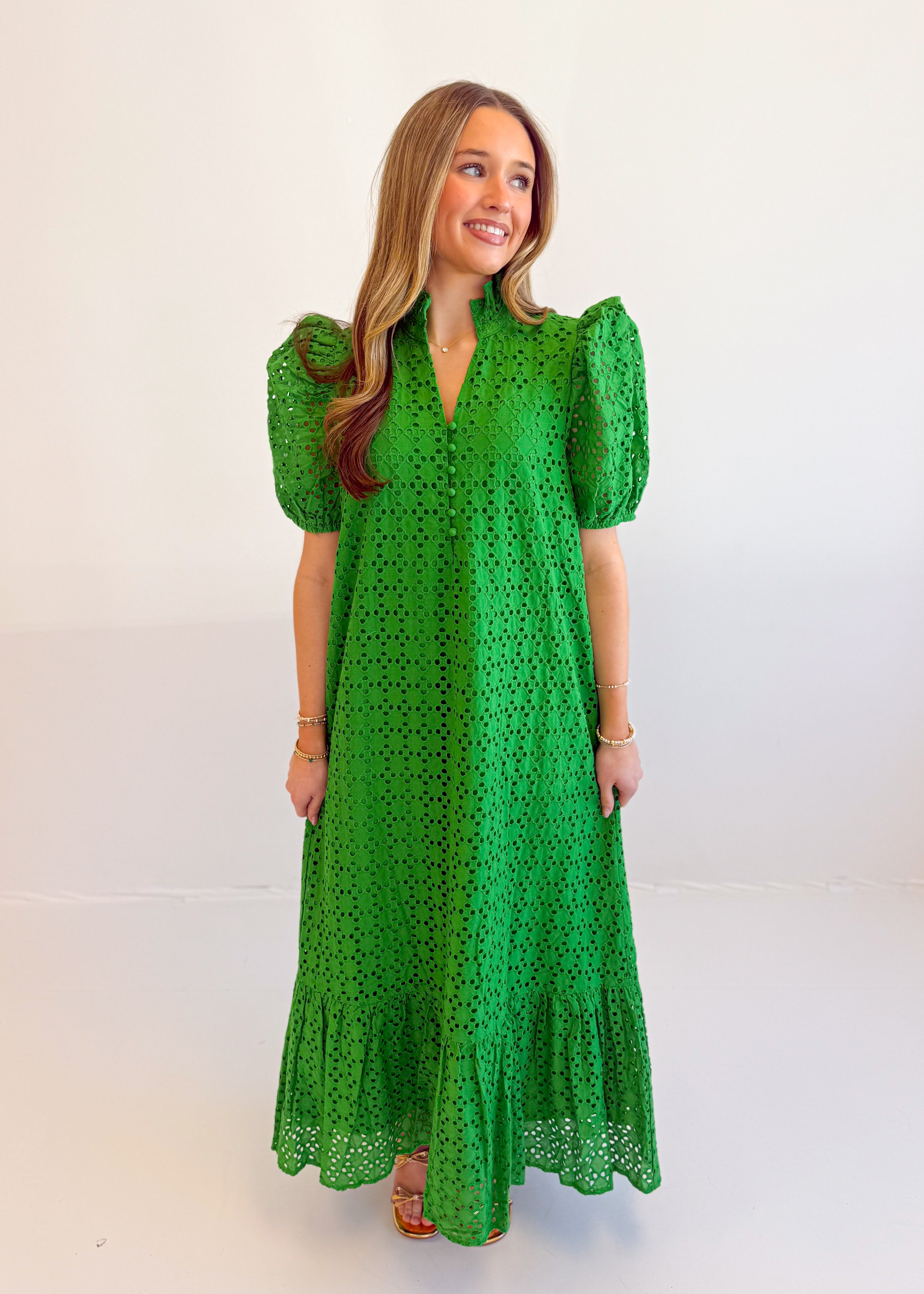 puff sleeve midi dress green Emerald Green Puff Sleeve Tiered Midi Dress | Womens | Small (Available in M, L) | 100% Polyester | Lulus