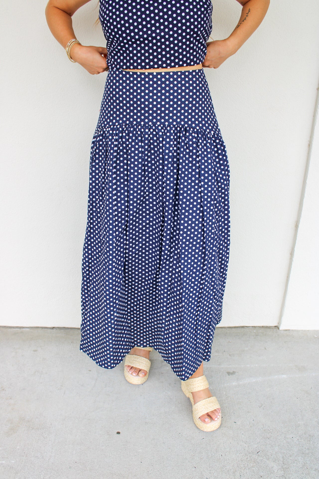 Jane Polka Dot Drop Waist Maxi Skirt