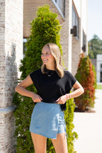 Sadie Side-Tie Wrap Mini Skort in Washed Denim