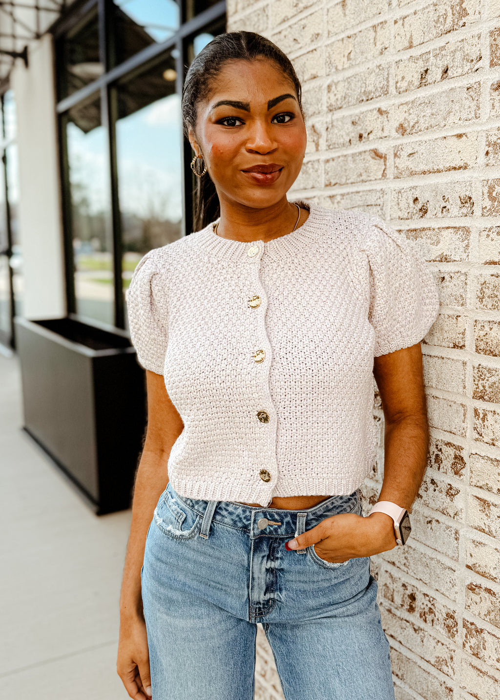 Knit Puff Sleeve Cardigan Top