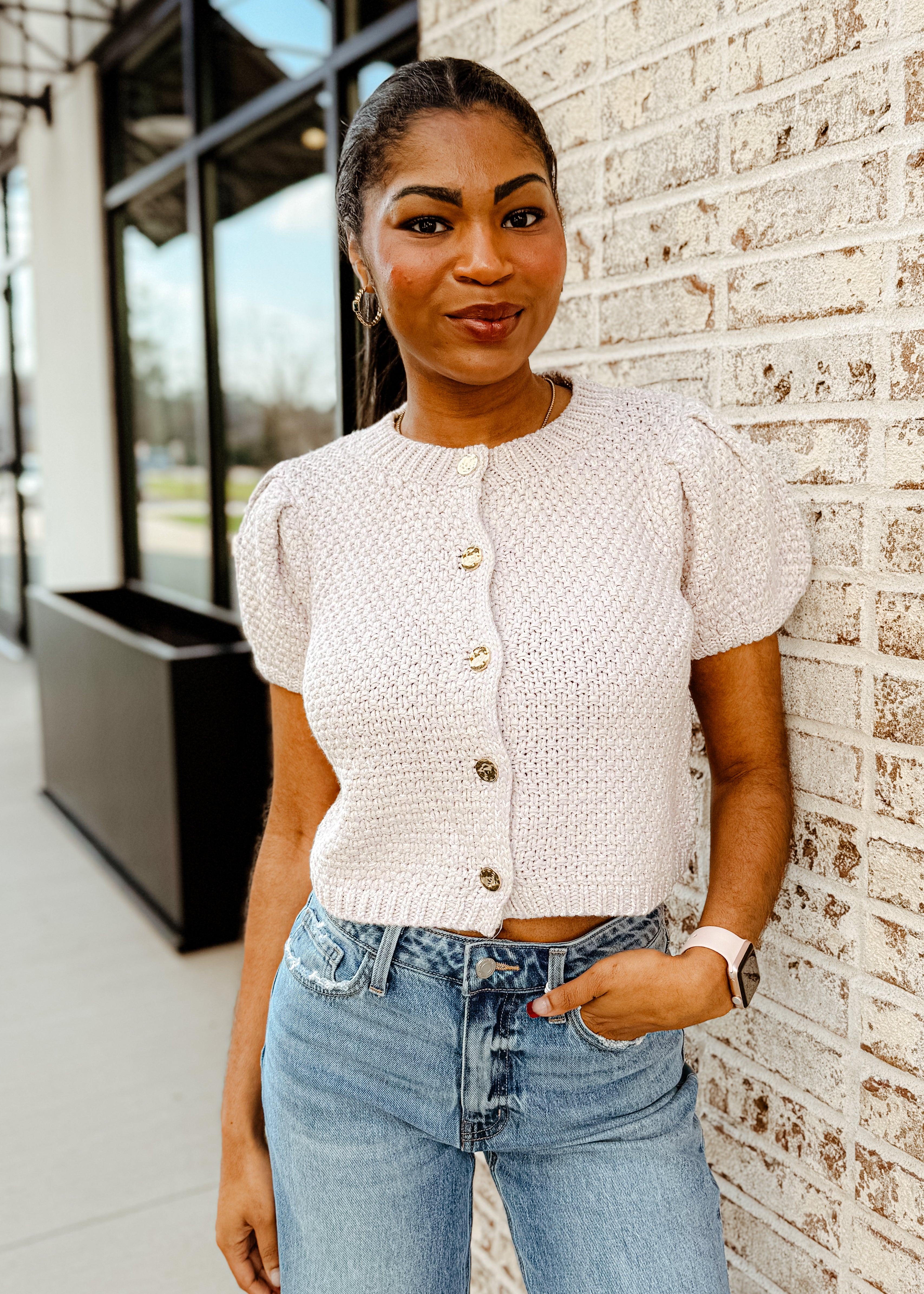 Knit Puff Sleeve Cardigan Top