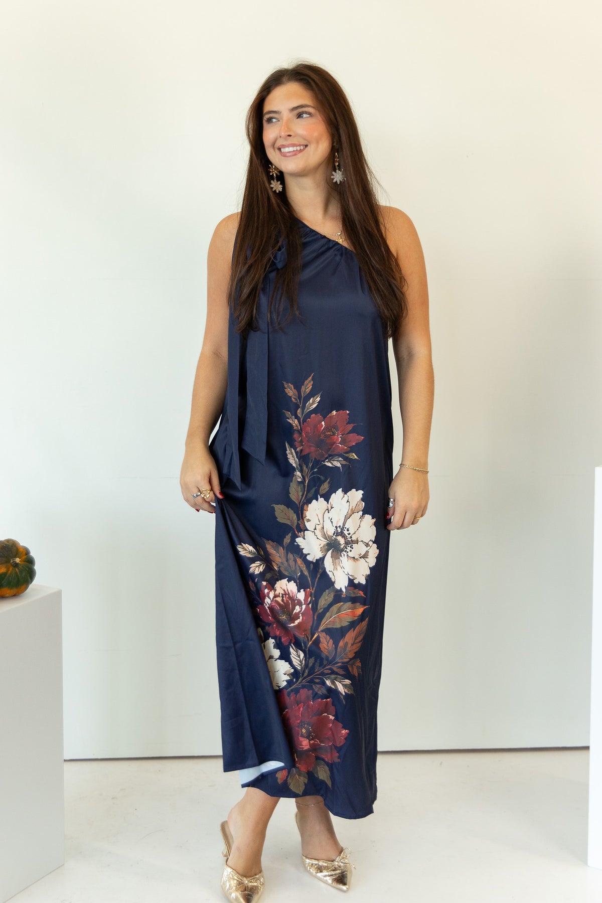 Fall in Bloom One Shoulder Maxi Dress