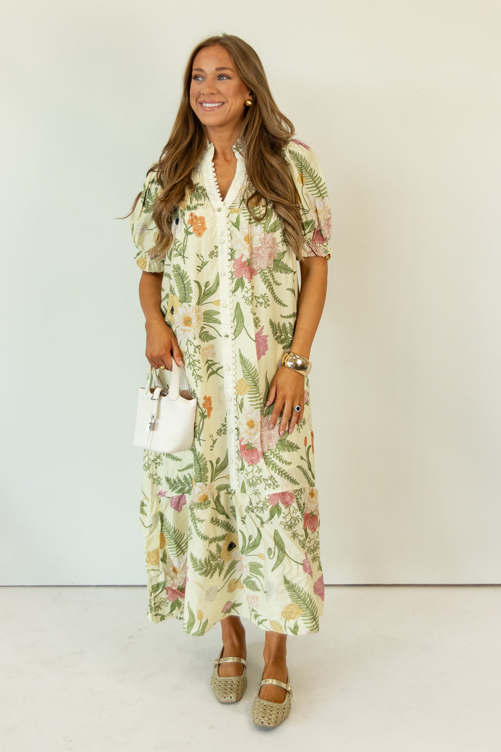 Eden Bloom Button Front Midi Dress in Sage