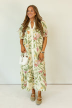 Eden Bloom Button Front Midi Dress in Sage