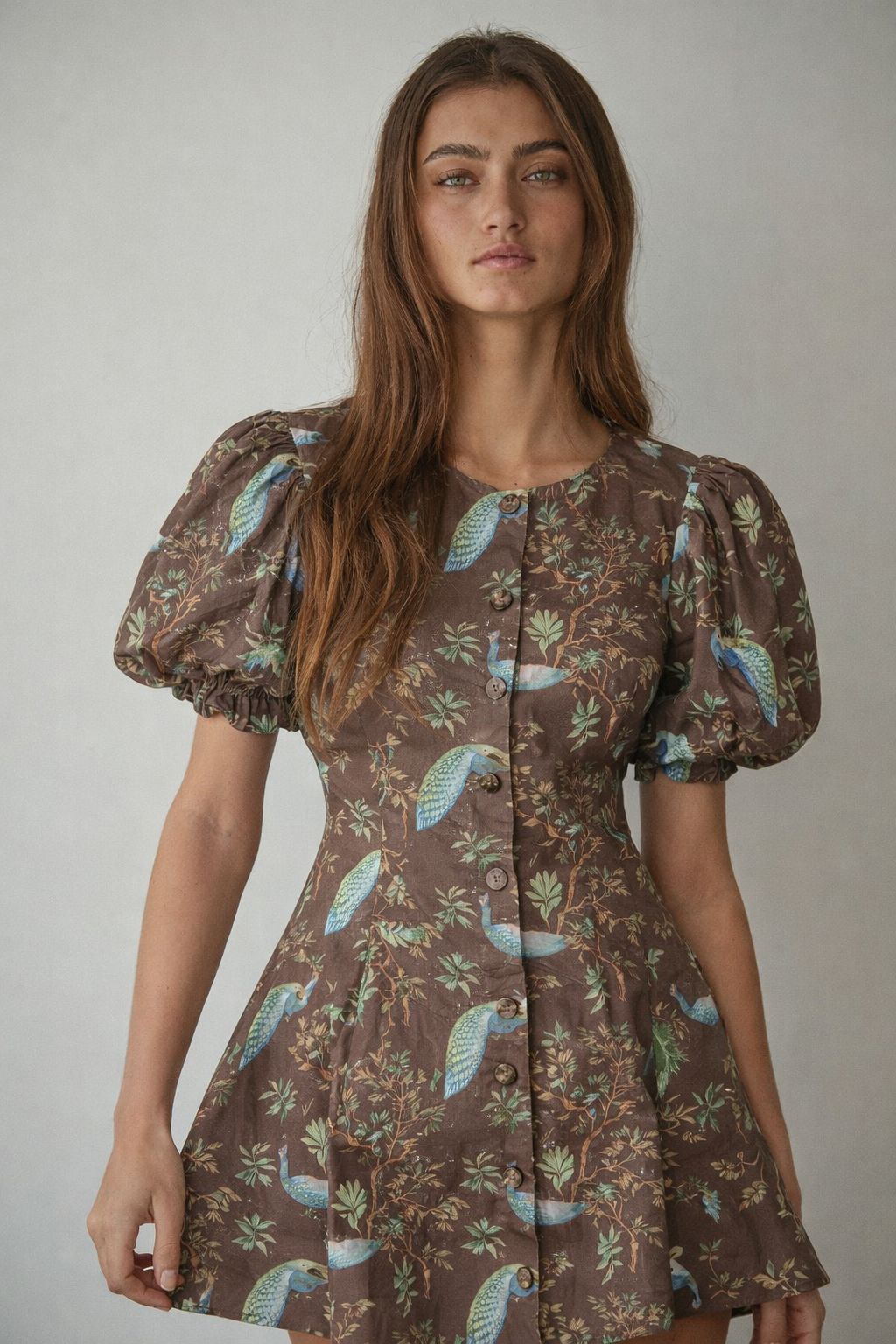 Penelope Peacock Garden Puff-Sleeve Mini Dress