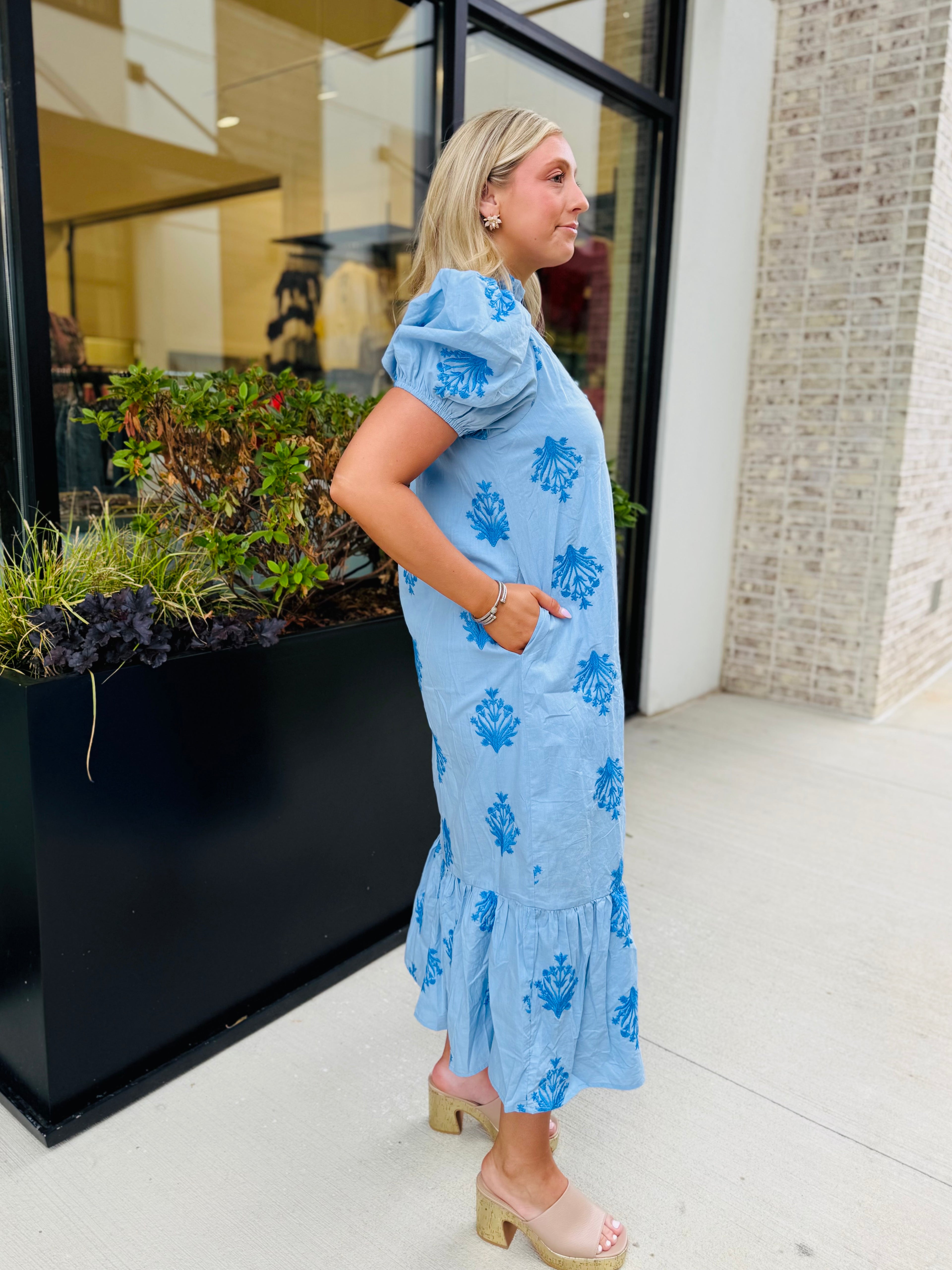 Sutton Embroidered Ruffle Midi Dress