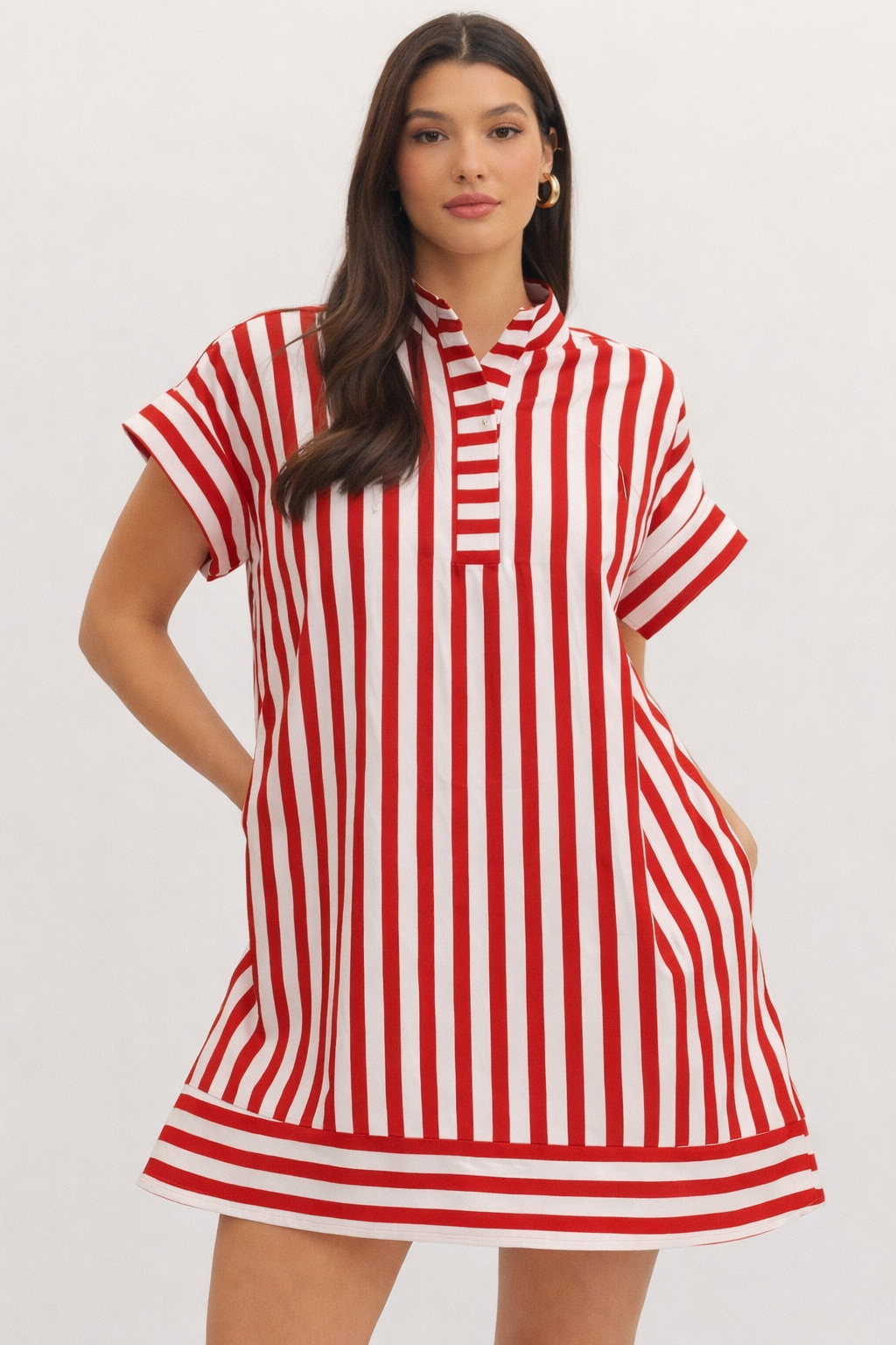 Stripe High Collar Shirt Dress