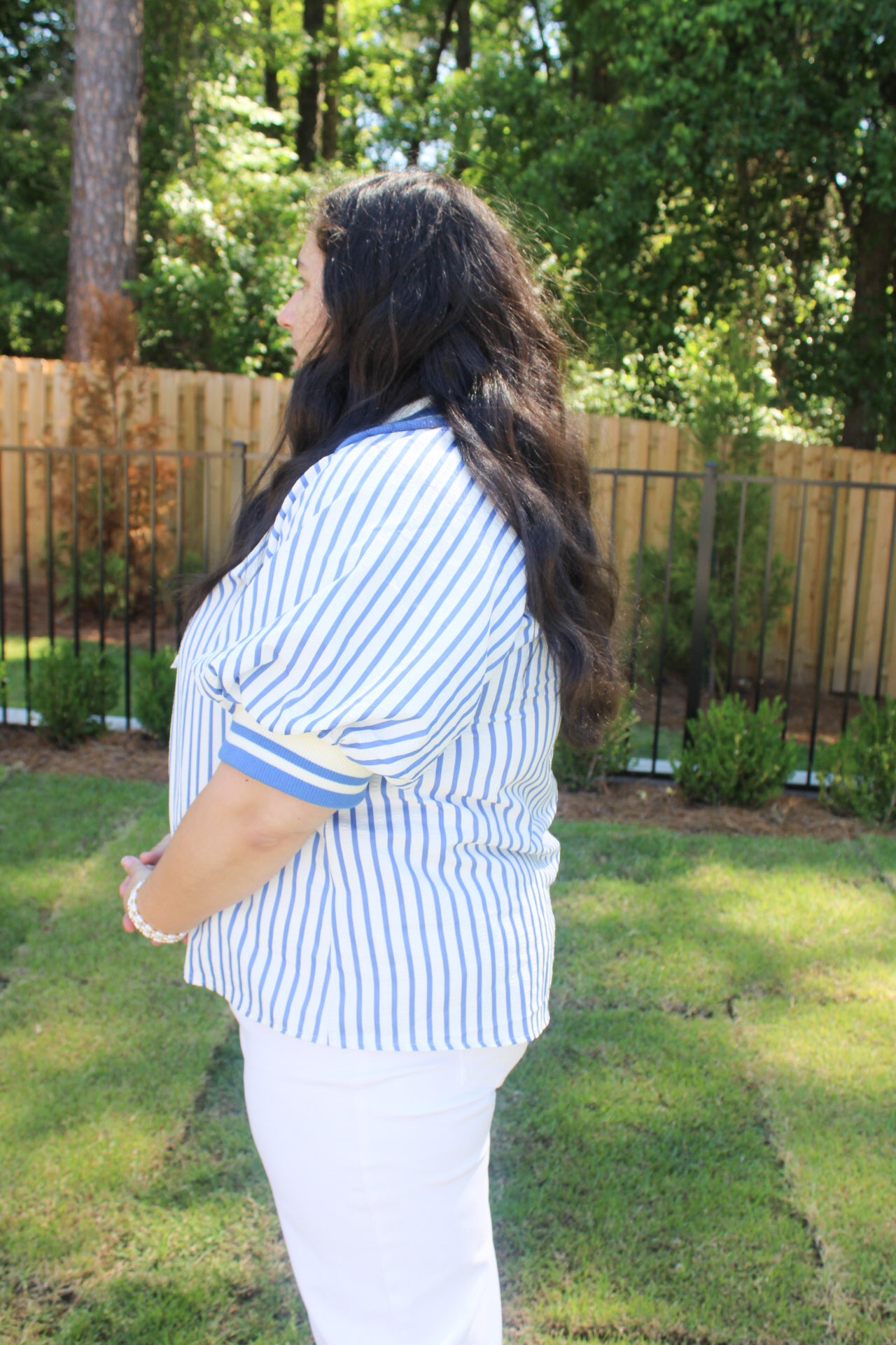Seersucker High Collar Popover Blouse