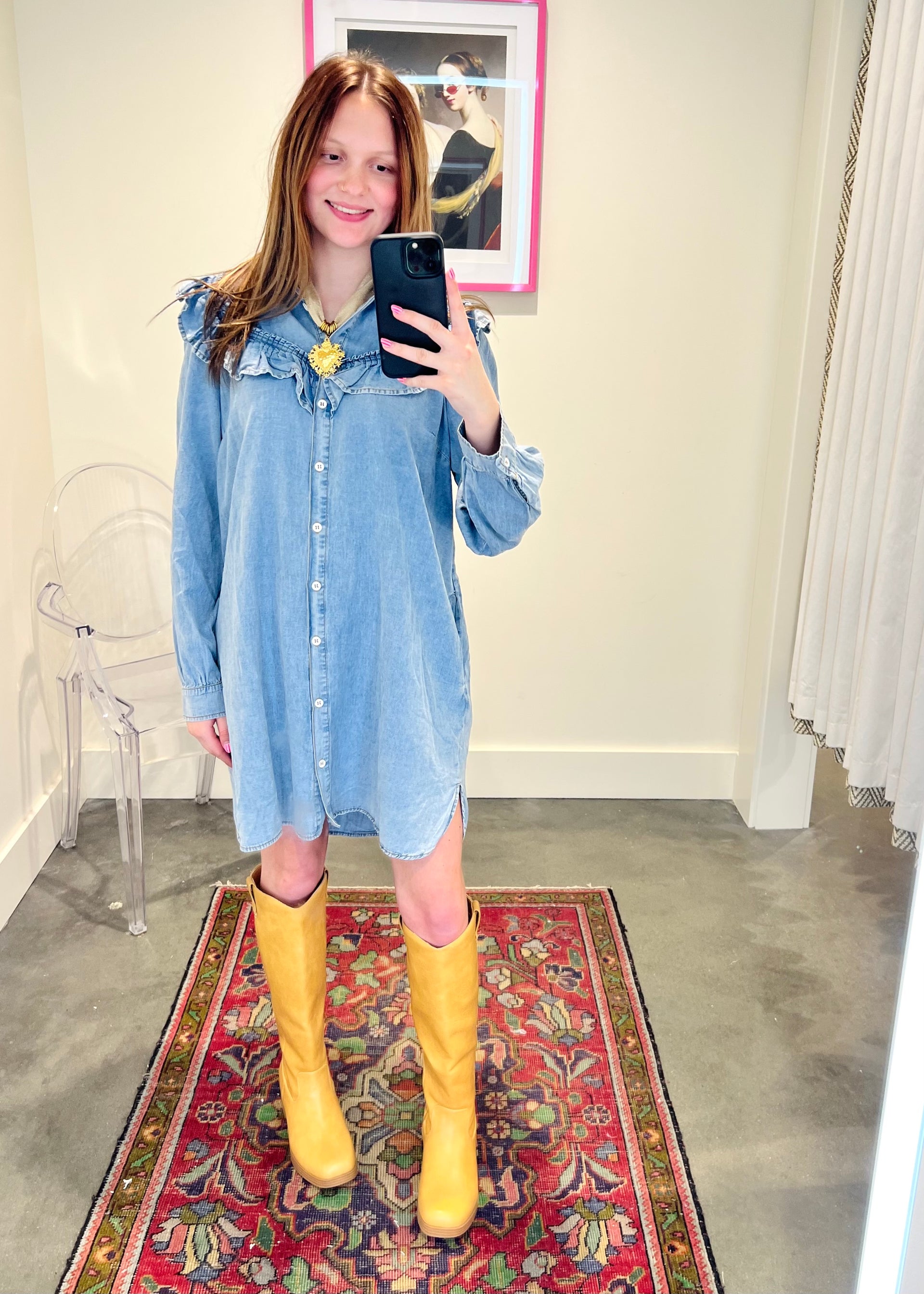 Ruffled Denim Button-Down Dress Ruffled Denim Button-Down Dress