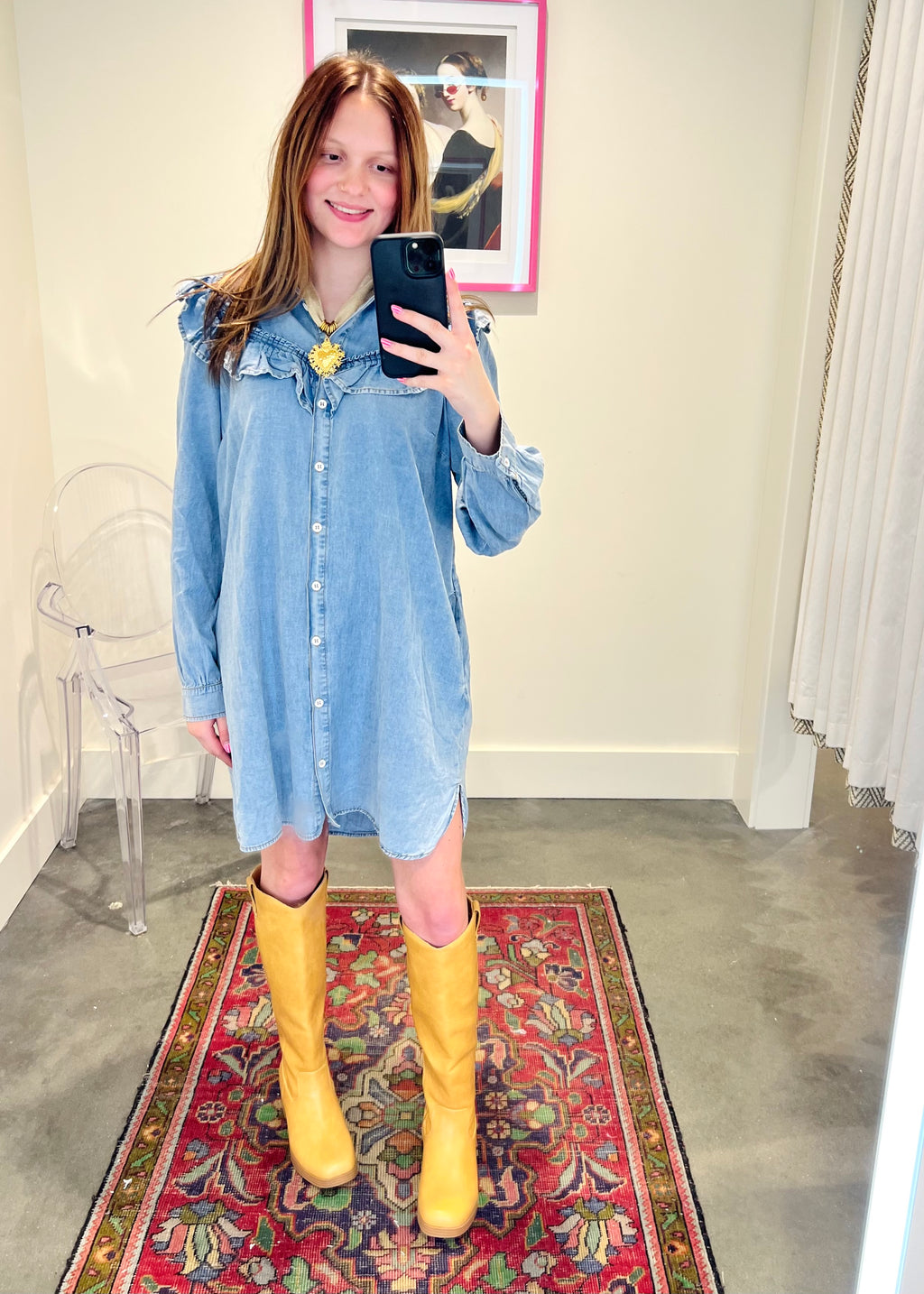 Ruffled Denim Button-Down Dress