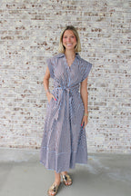 Sleeveless Stripe Tie Waist Midi Dress in Blue Brown