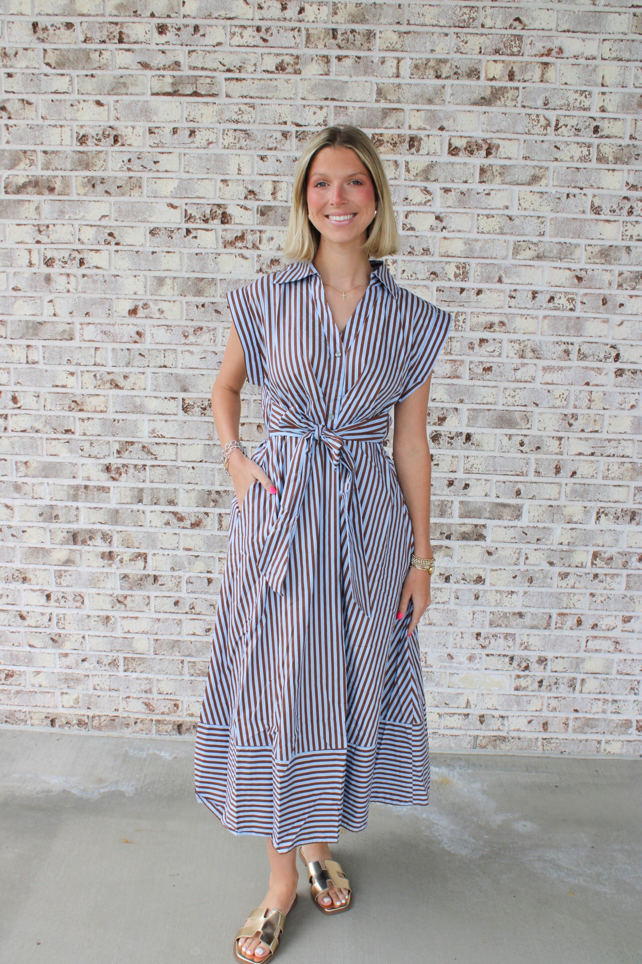 Sleeveless Stripe Tie Waist Midi Dress