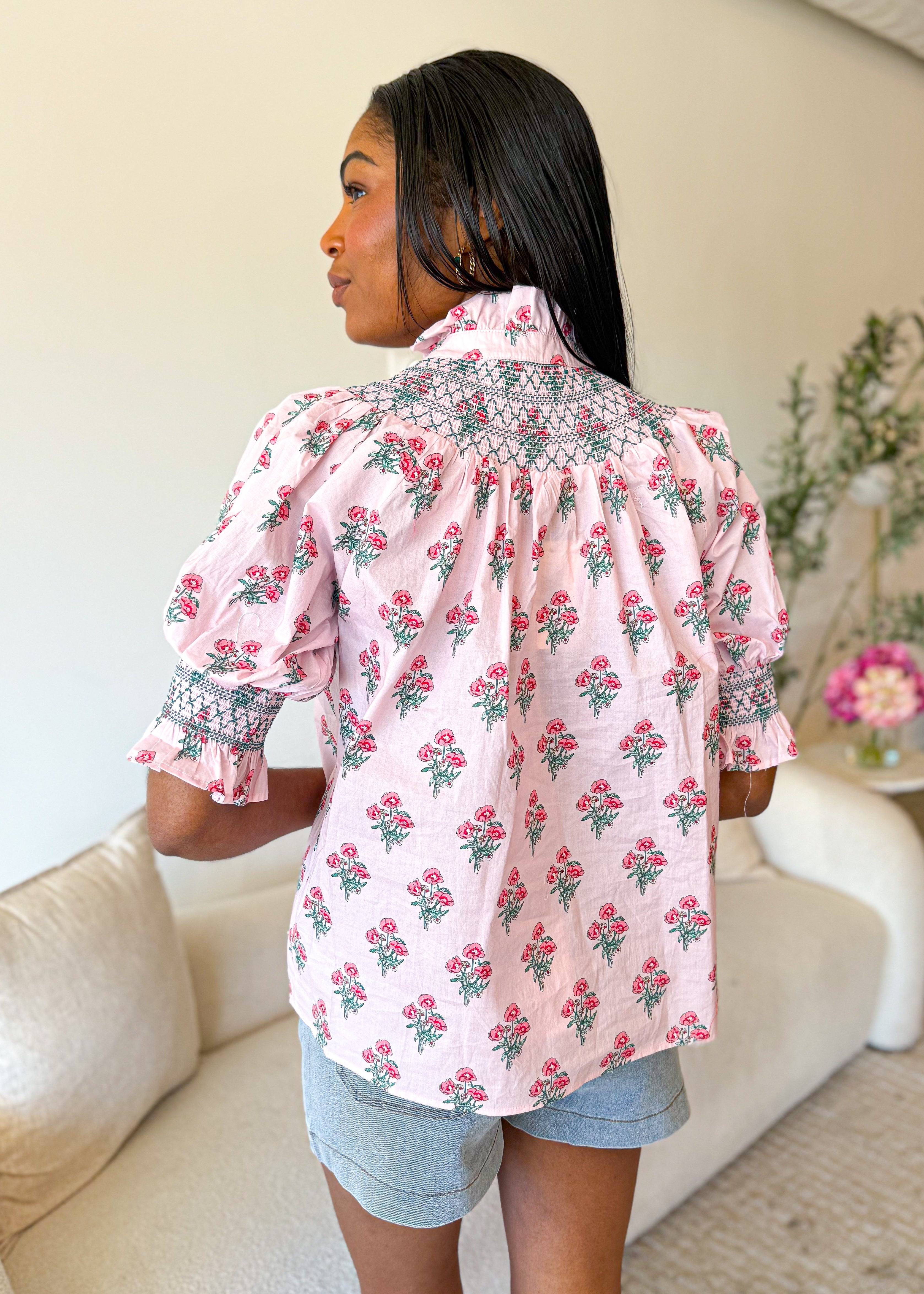 Printed Smocked Sleeve Top