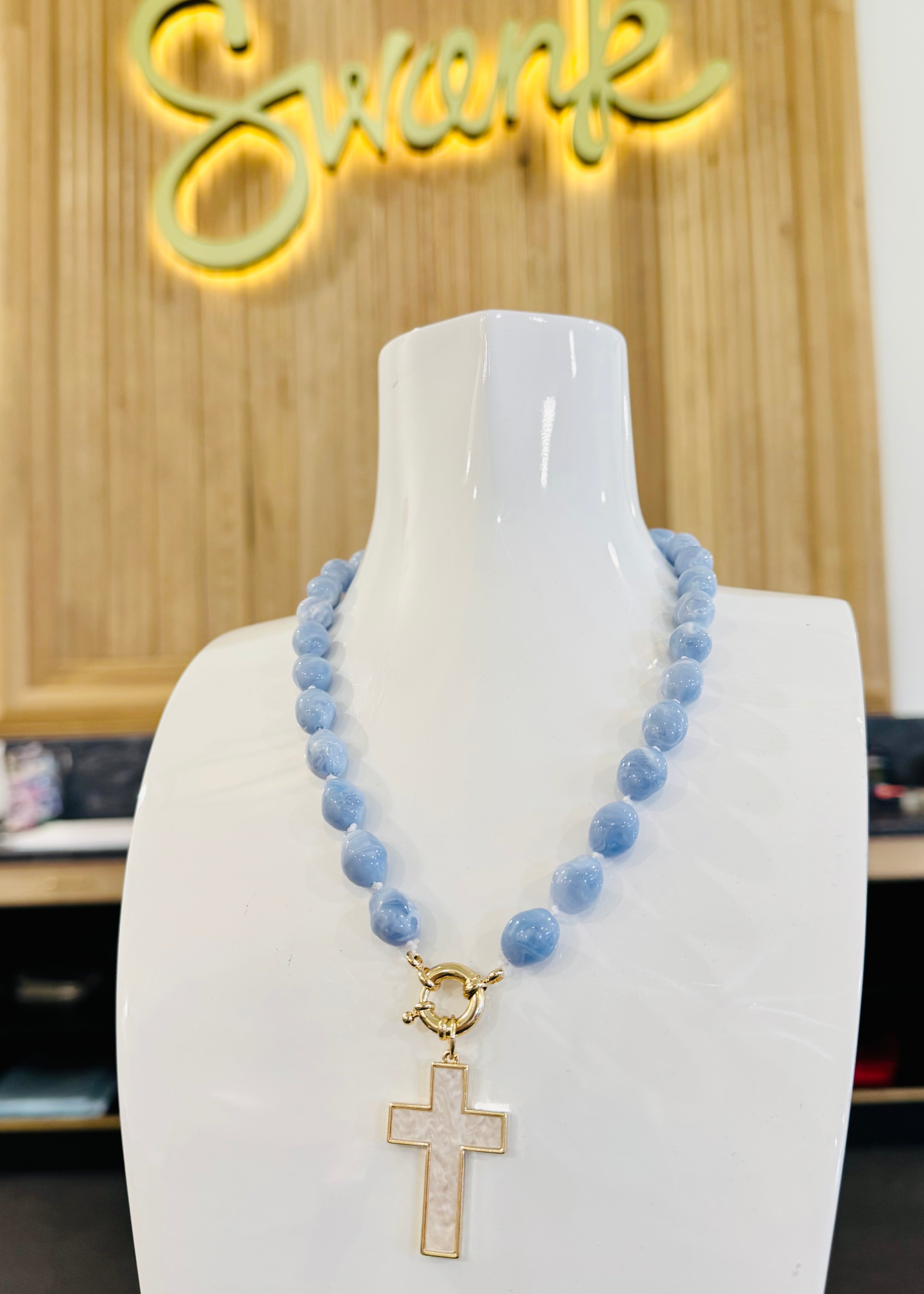 Cross Pendant Stone Bead Necklace