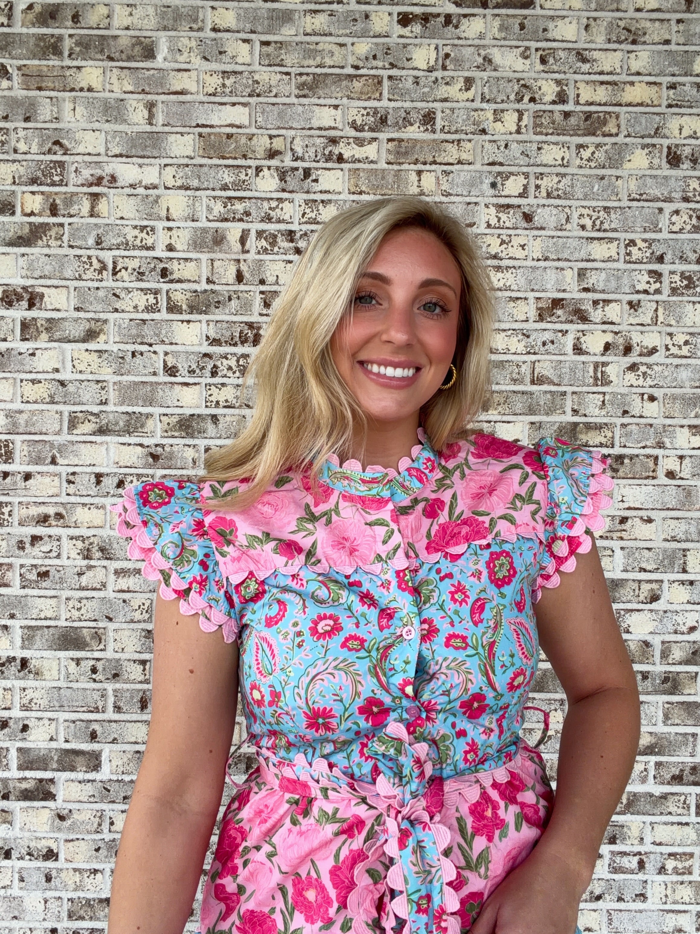 Bright Floral Scallop Midi Dress