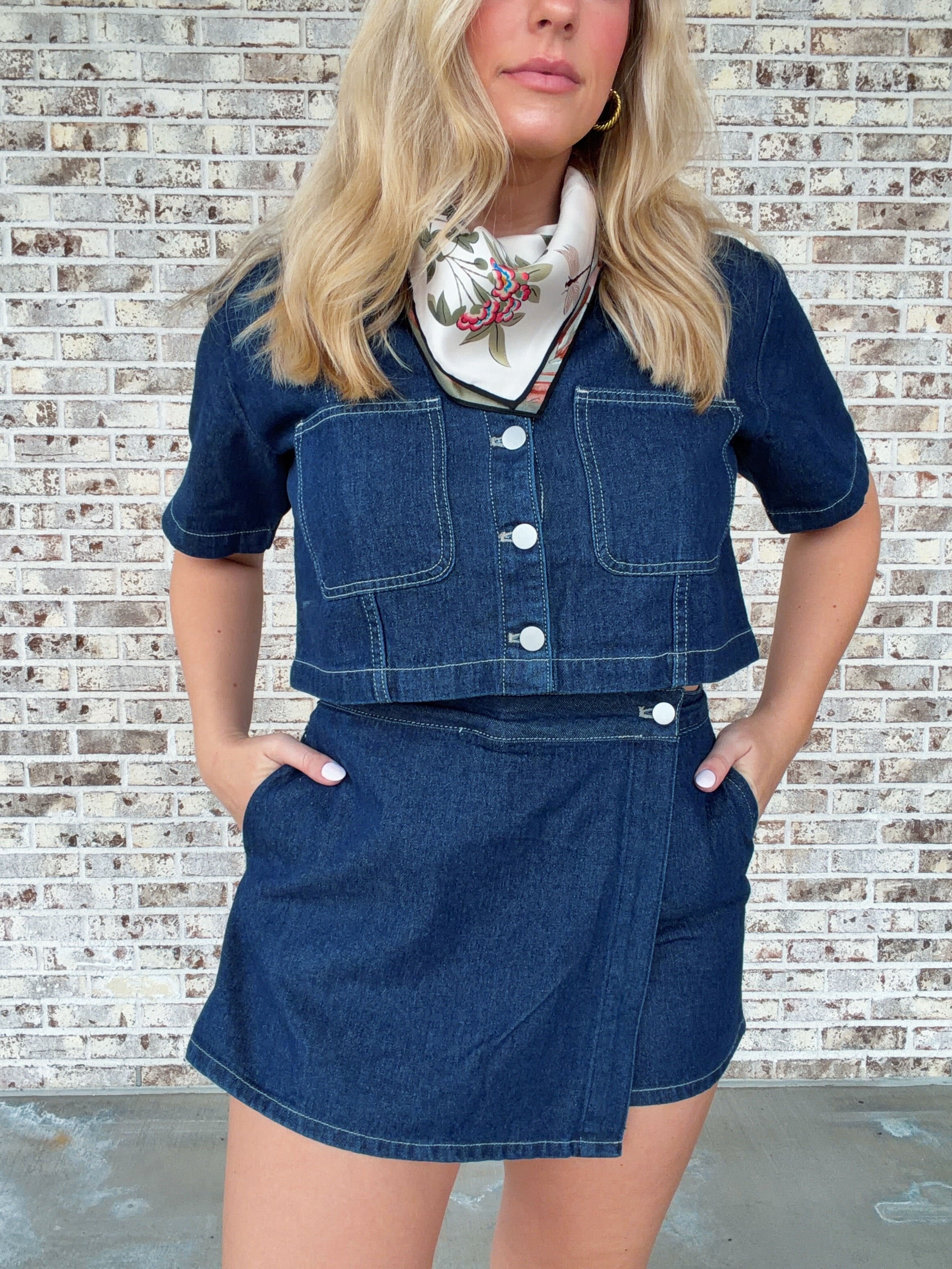 Aryana Denim Collar Shirt And Skort Set