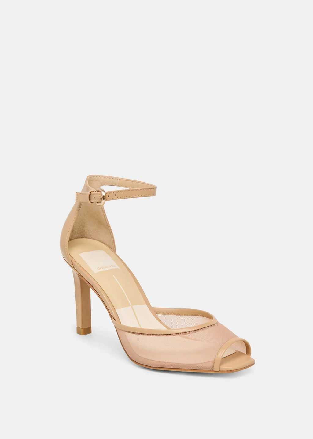 Beige high-heeled sandal with open toe on a white background