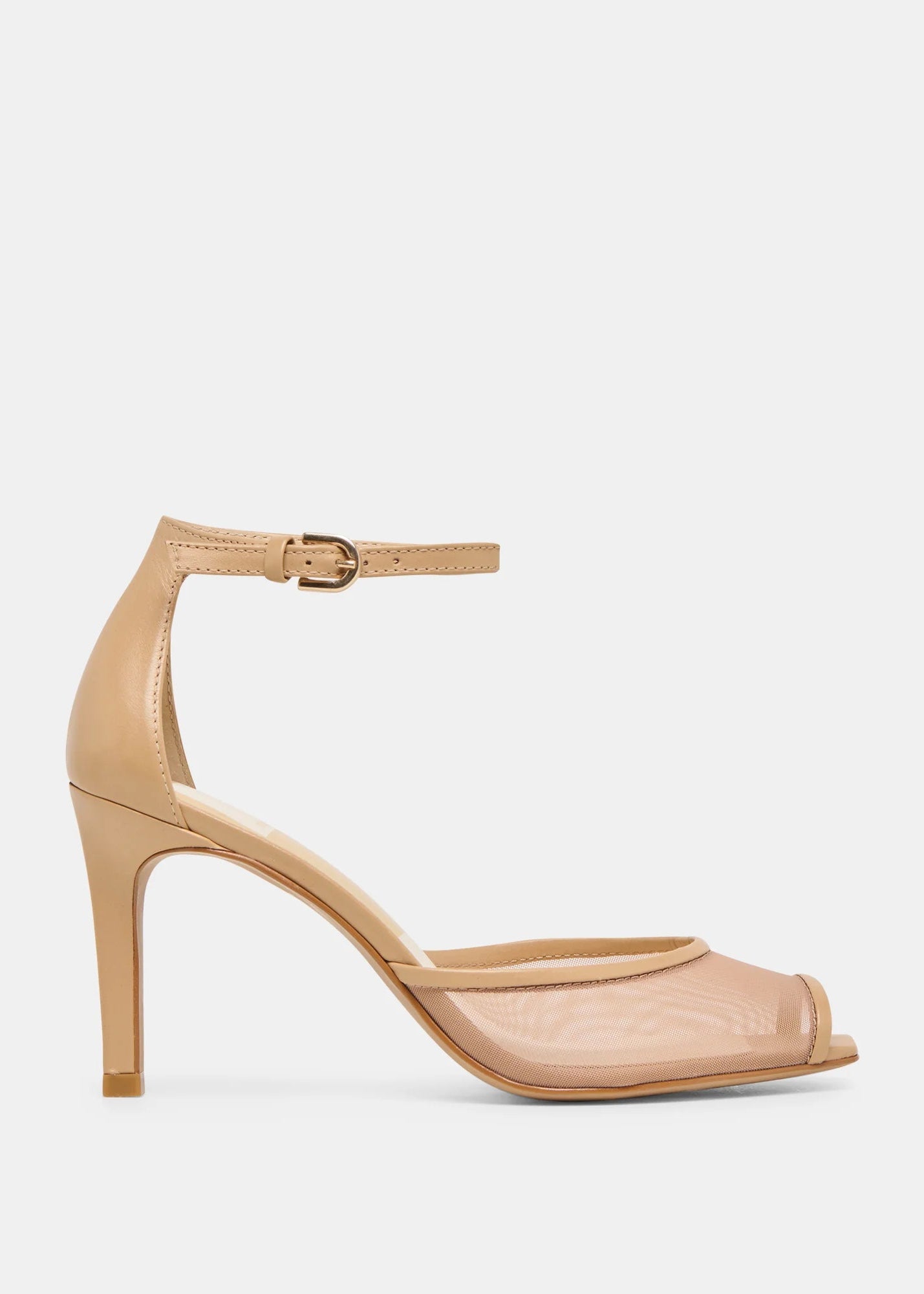 Beige high-heeled sandal with open toe on a white background