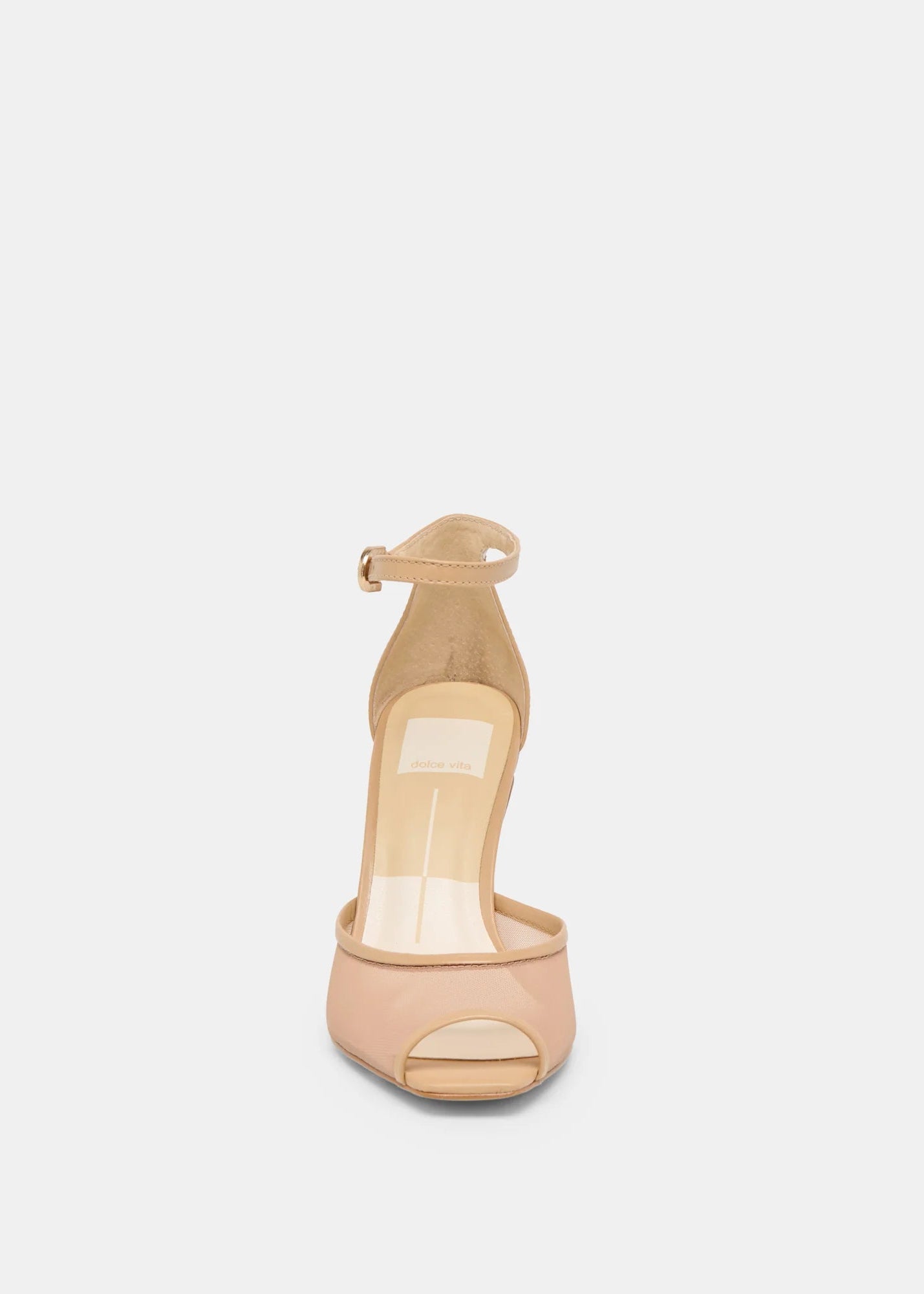 Beige high-heeled sandal with clear sole on a white background