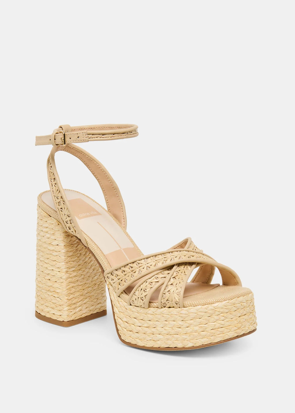 Beige woven platform sandal on a light gray background