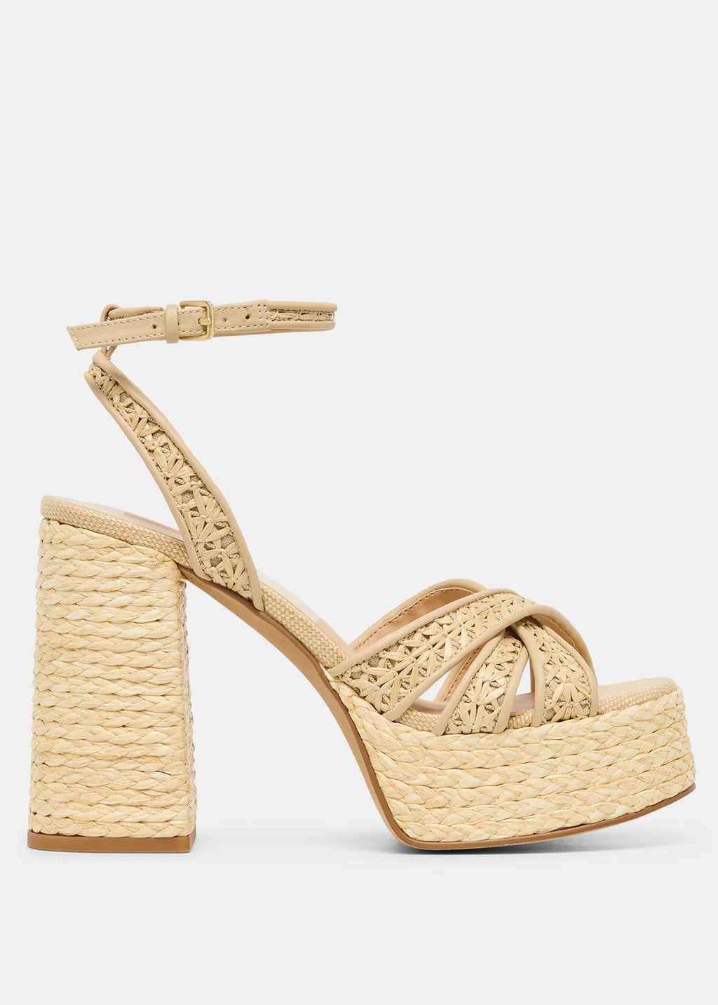 Beige high-heeled sandal with woven design on a white background