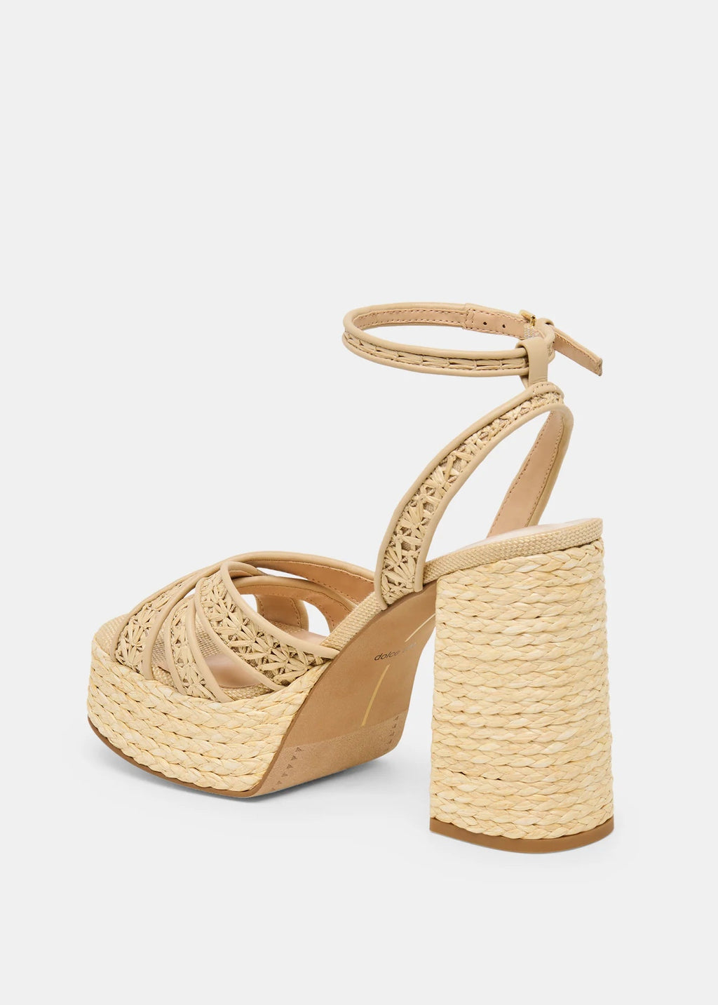 Beige woven wedge sandal on a white background