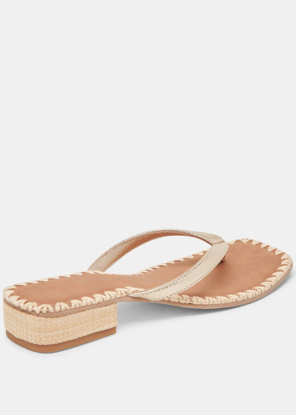 Beige sandal with woven details on a light gray background