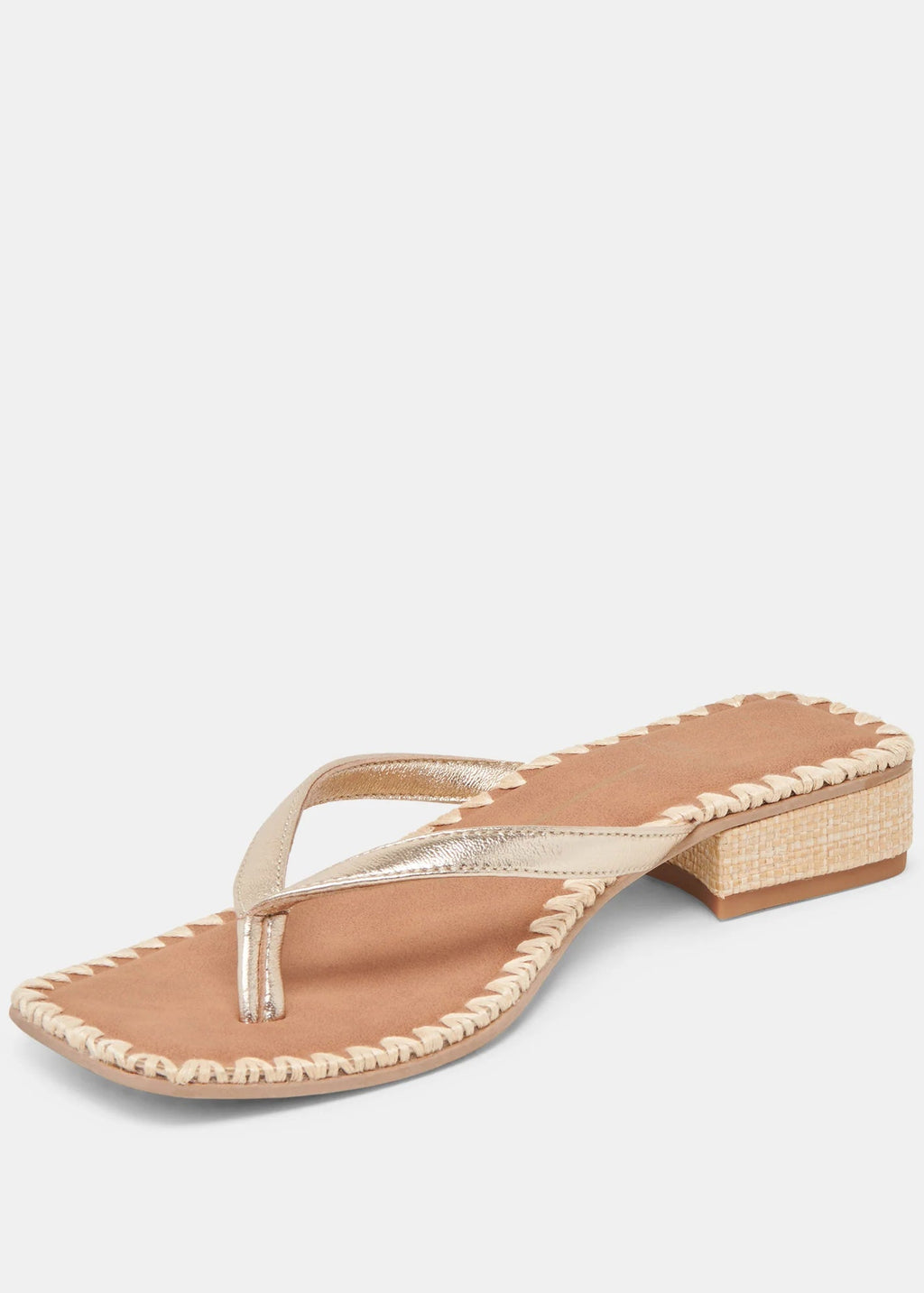 Beige sandal with a woven strap on a light gray background