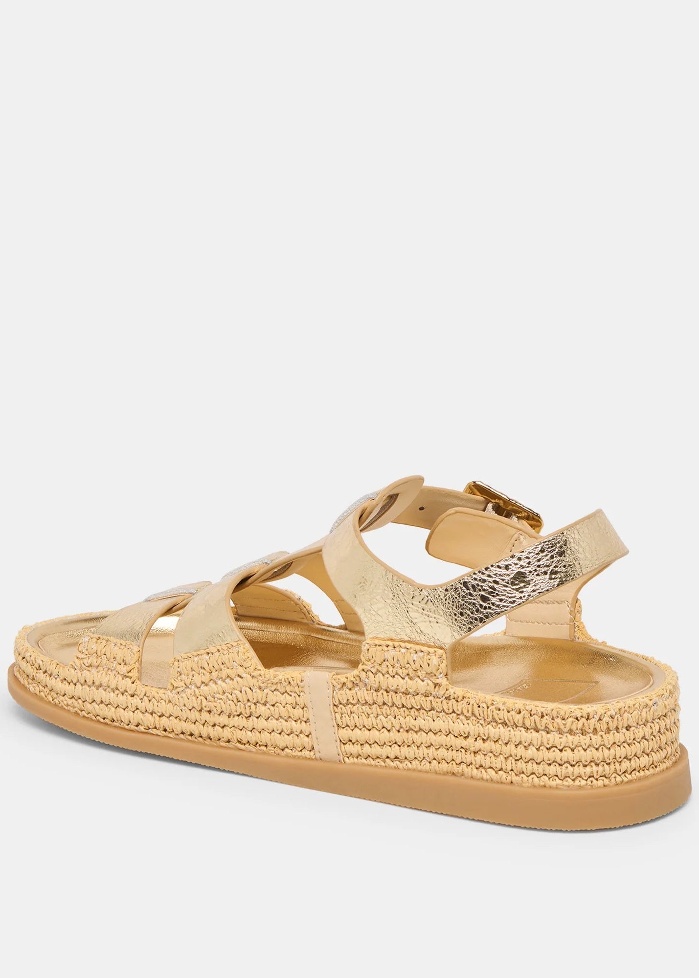 Gold sandal with woven sole on a white background