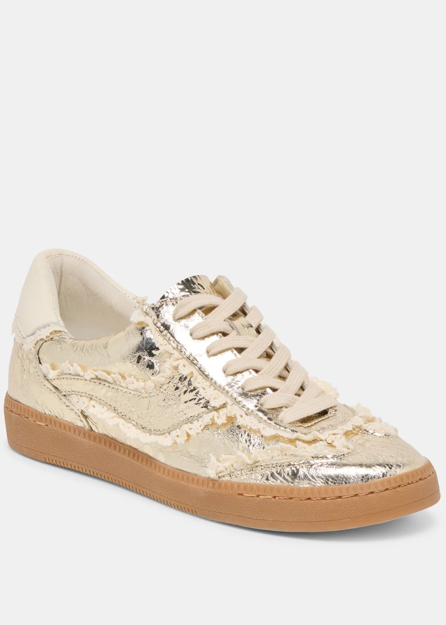 Gold sequin sneaker with tan sole on a white background