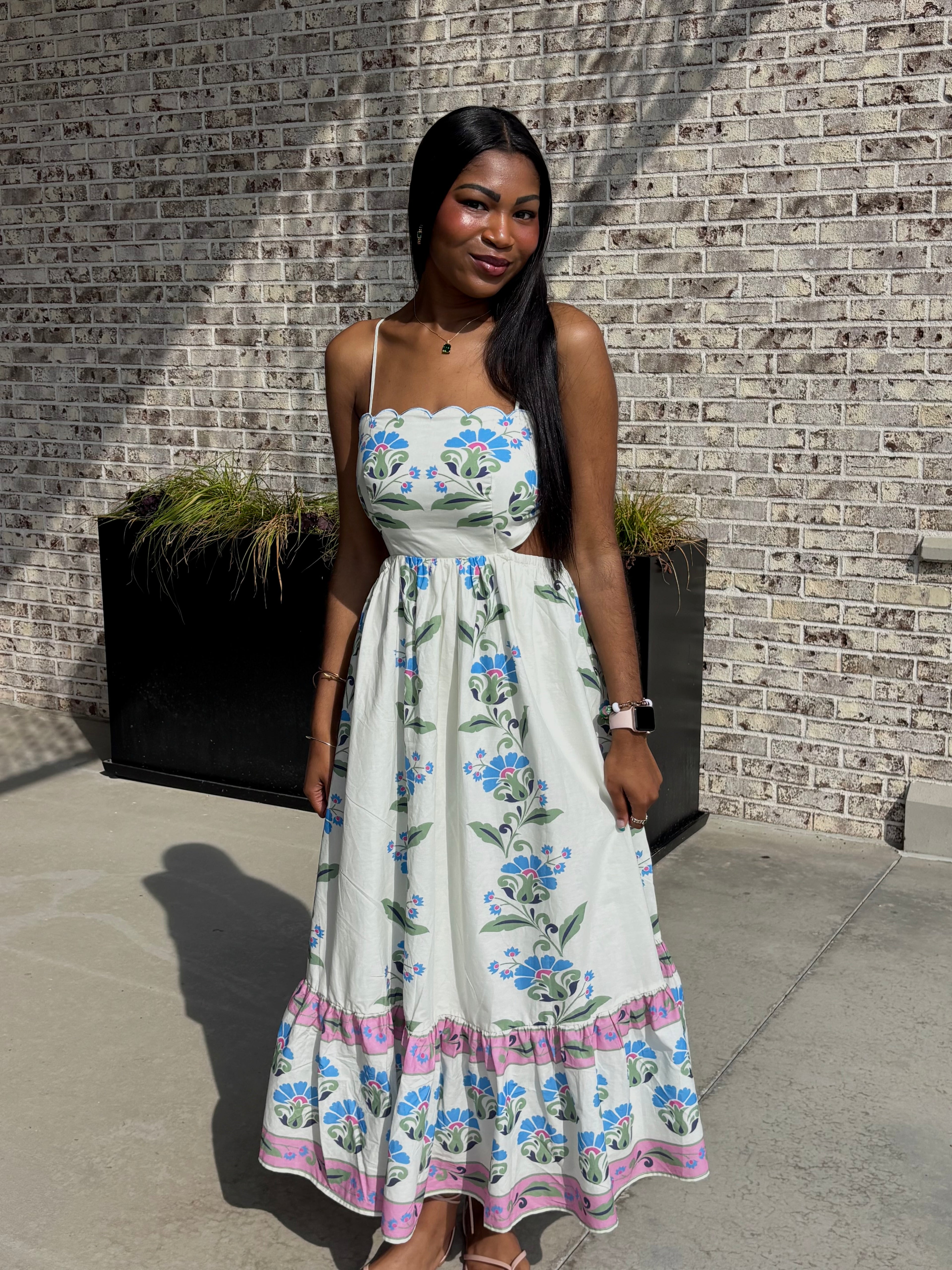 block print maxi dress Hand Indigo Cotton | Sleeveless Summer Beach Dress featuring a floral print in turquoise blue a line cotton maxi dress