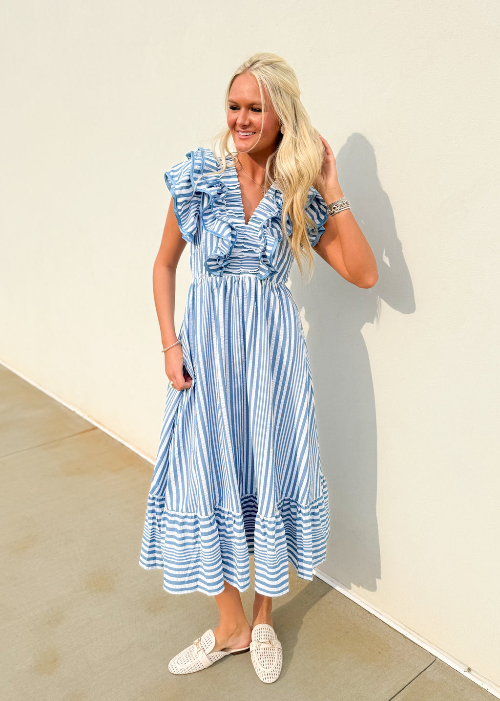 Selena Striped Ruffle Midi Dress